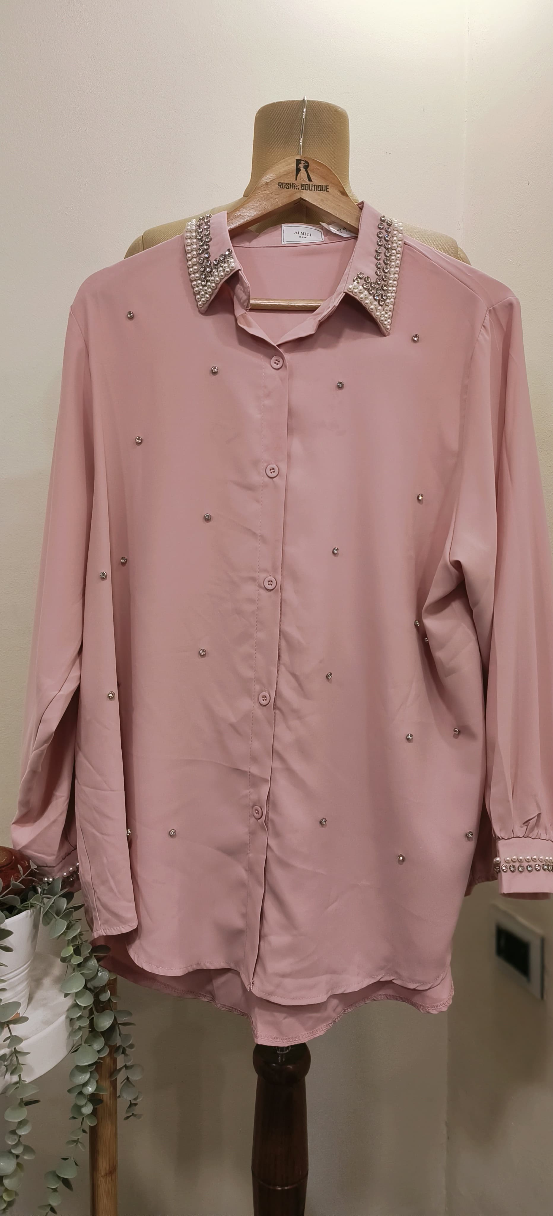 Stylish Oversize Pearl And Stone Embroidered Imported Shirt-