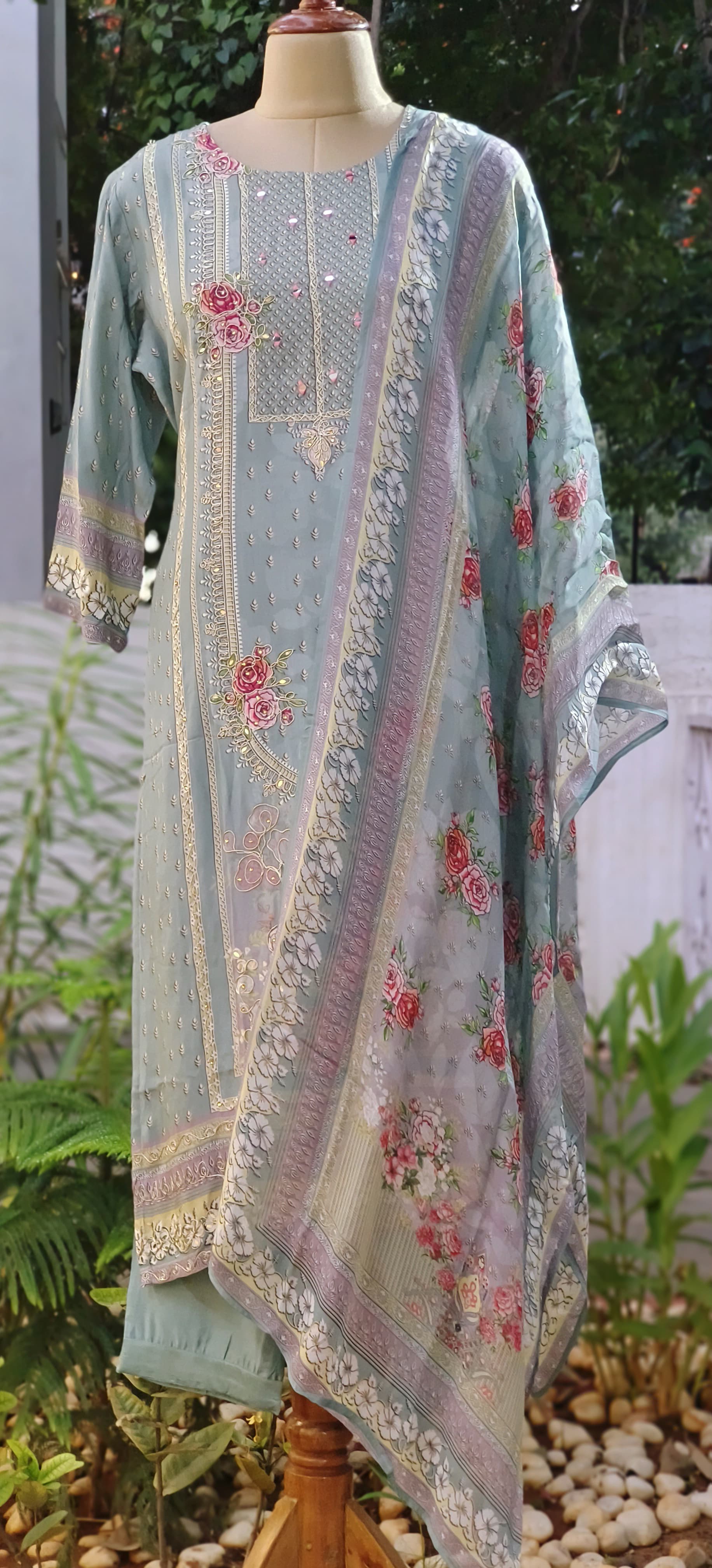 Beautiful Real Mirror Work Muslin Full Suit with organza dupatta -06477