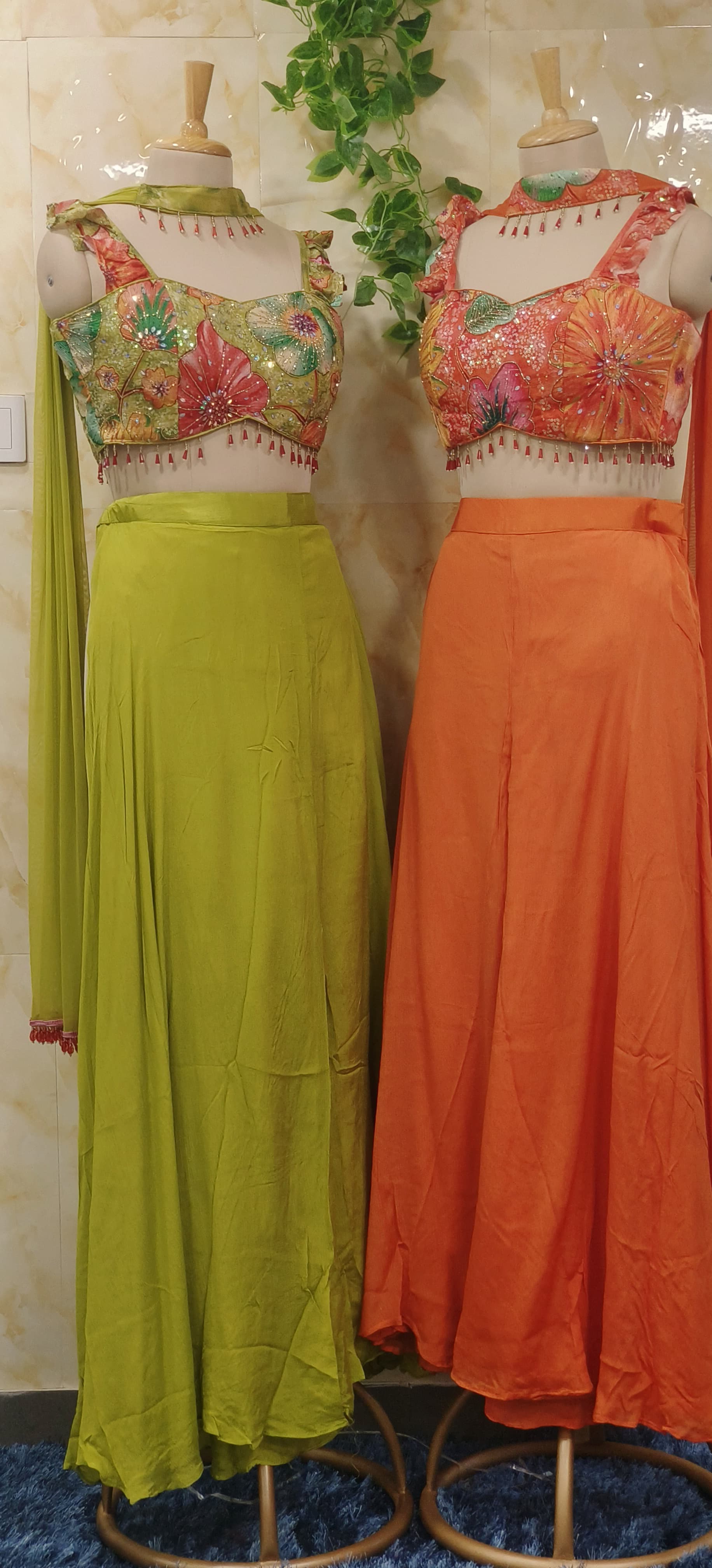 Vibrant Orange and Lime Green" Floral Embroidered Crop Top with Palazzo Set  With Chokar Dupatta