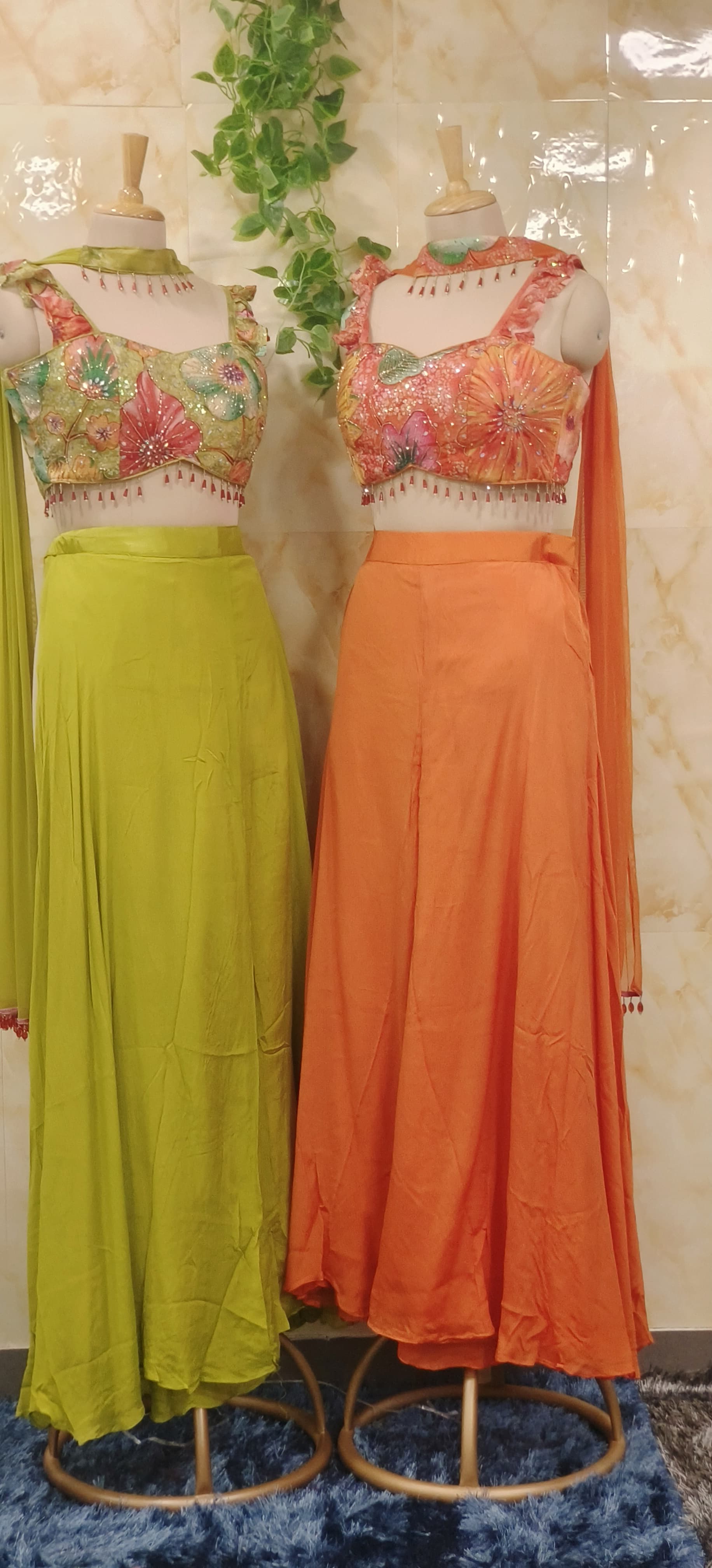 Vibrant Orange and Lime Green" Floral Embroidered Crop Top with Palazzo Set  With Chokar Dupatta