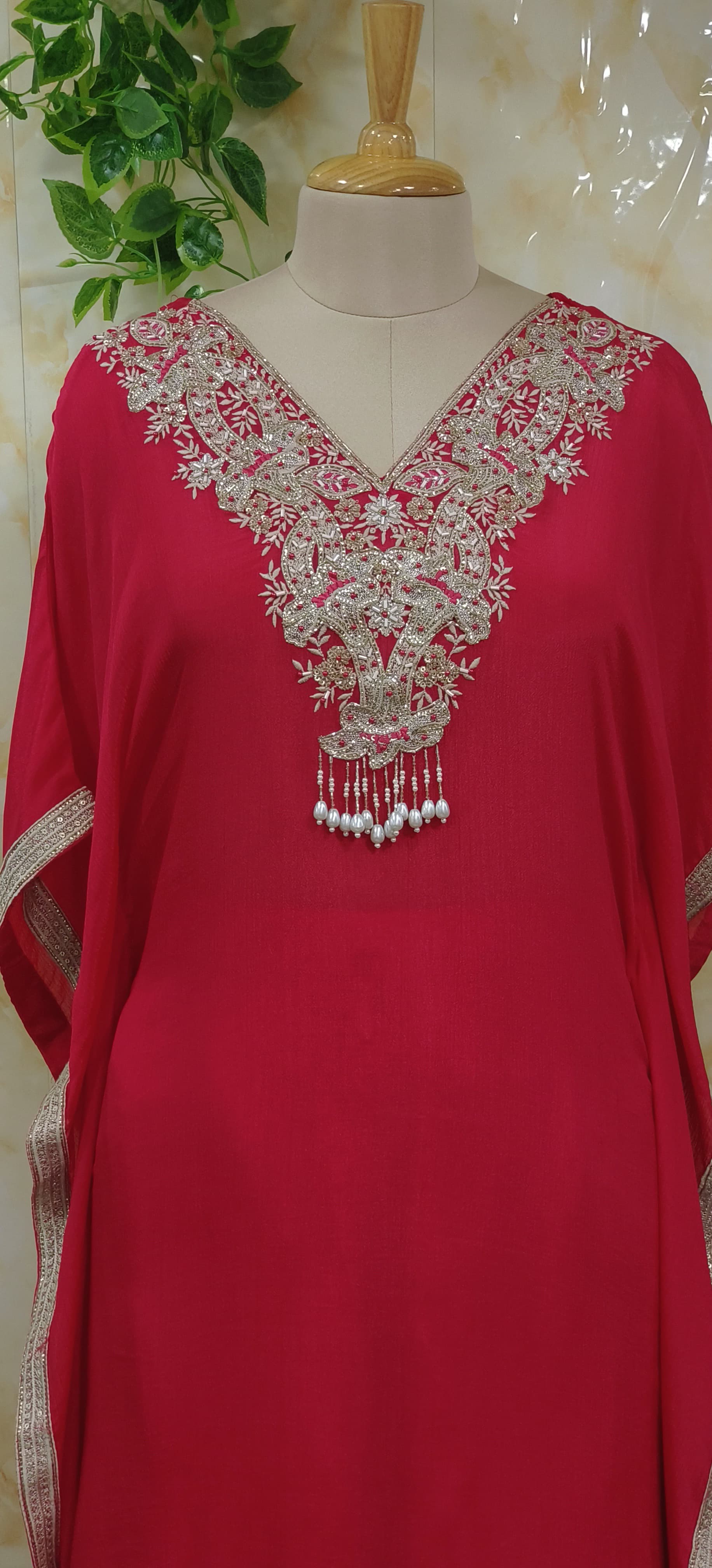 Chinon Embroidered V Neck Kaftan With Embroidered Straight Bottom DRY WASH