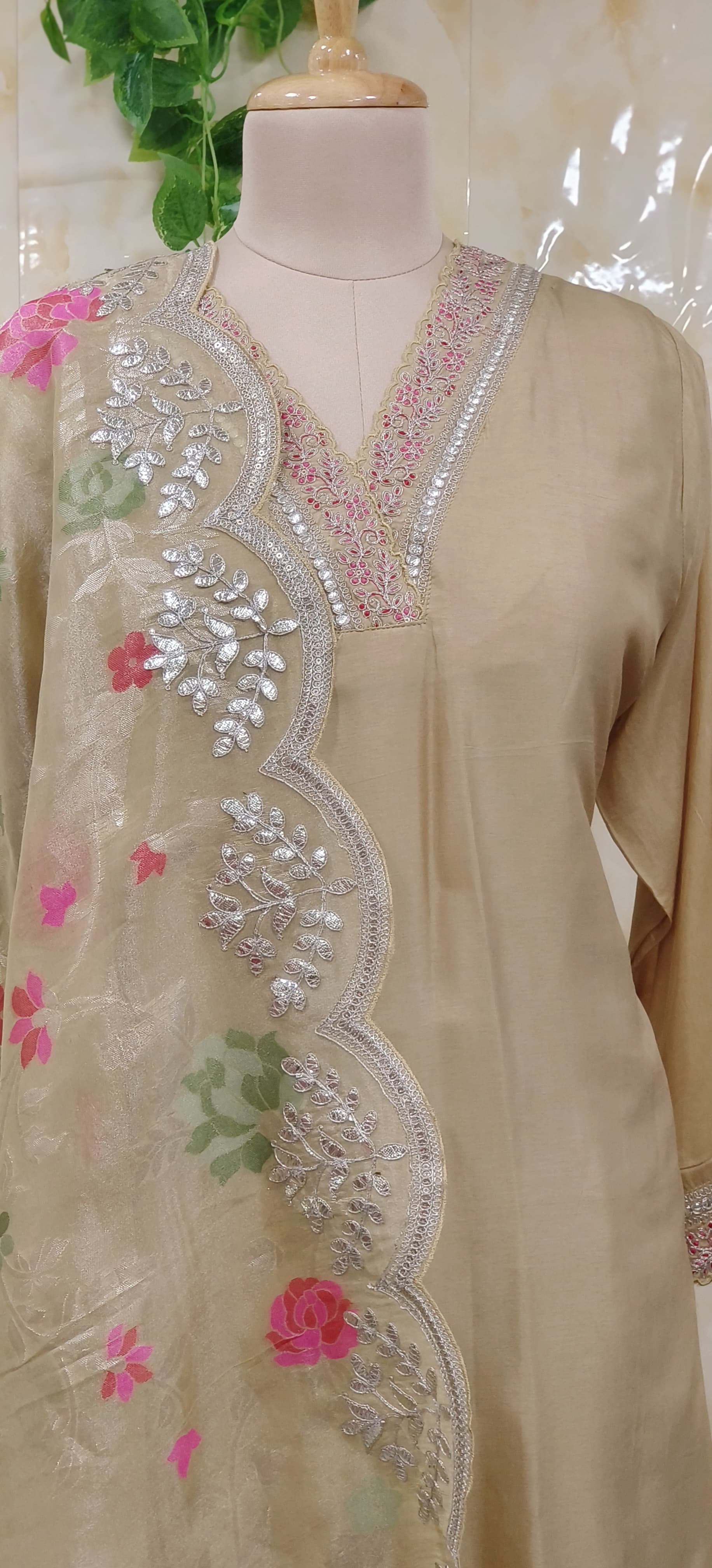 Beautiful V-Neck Embroidery Full Set with Printed dupatta-07373-74