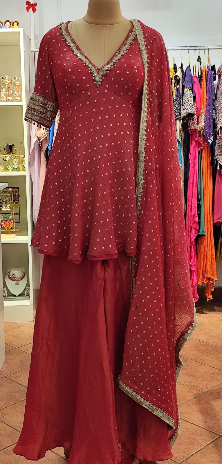 Deep Neck Maroon Shimmer Tissue Polka Sequin Set - Flared Short Kurti with Palazzo & Dupatta