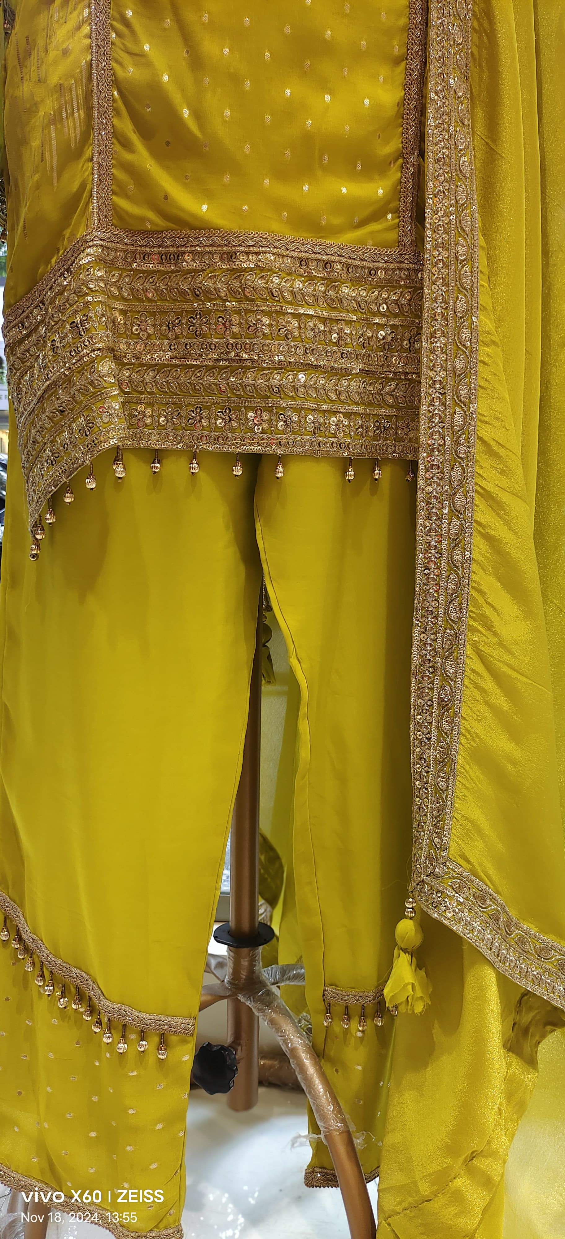 Party Wear Shimmer Tissue Embroidered Top with Loose Pants With Dupatta