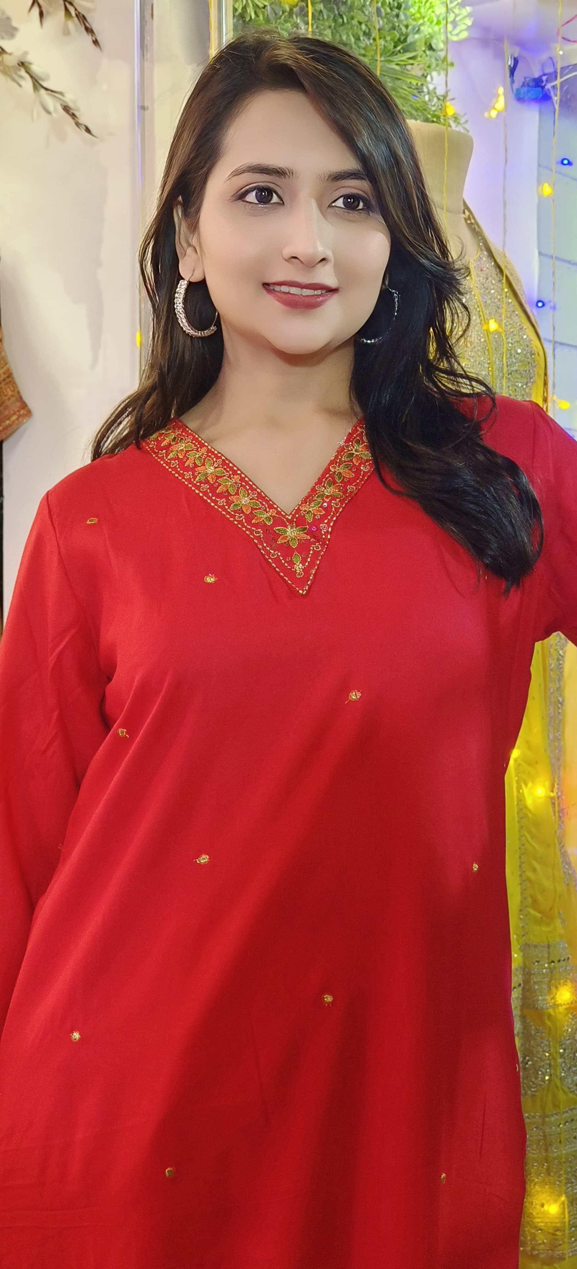 Beautiful V-Neck Embroidery Slub Cotton Only kurti-