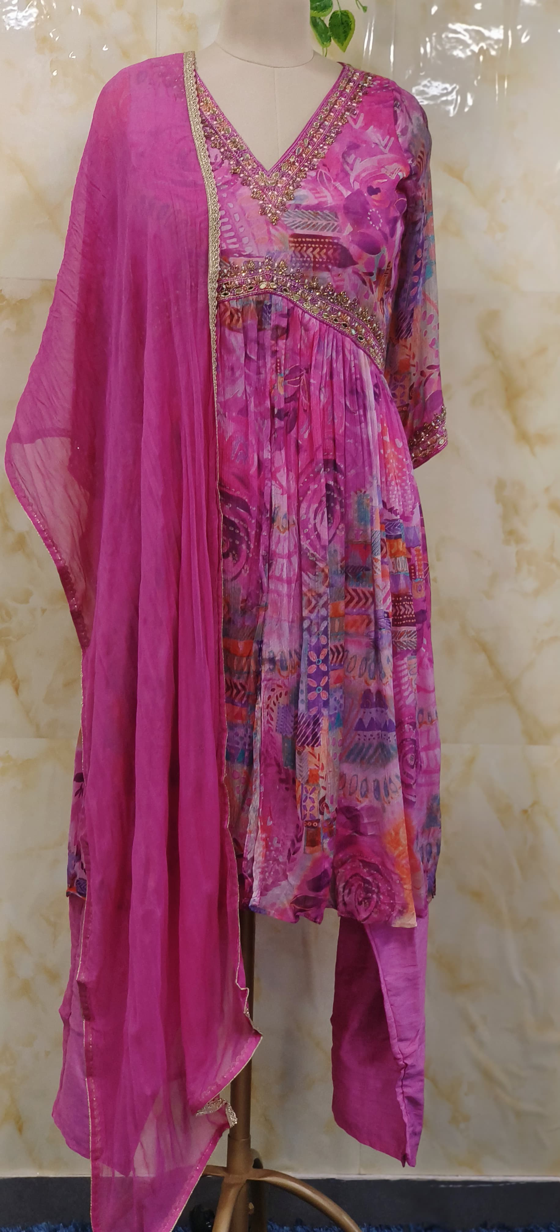 Chinon Embroidered Aliya Cut Floral Print Kurta Pant with Dupatta