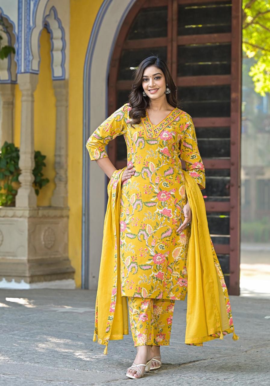 Floral Print Cotton V Neck Kurta with pant and dupatta