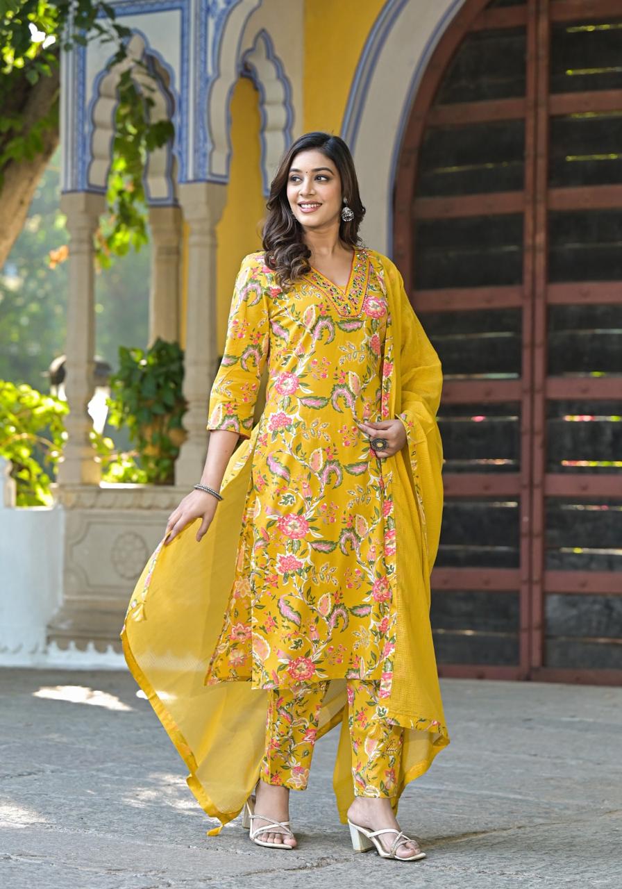 Floral Print Cotton V Neck Kurta with pant and dupatta