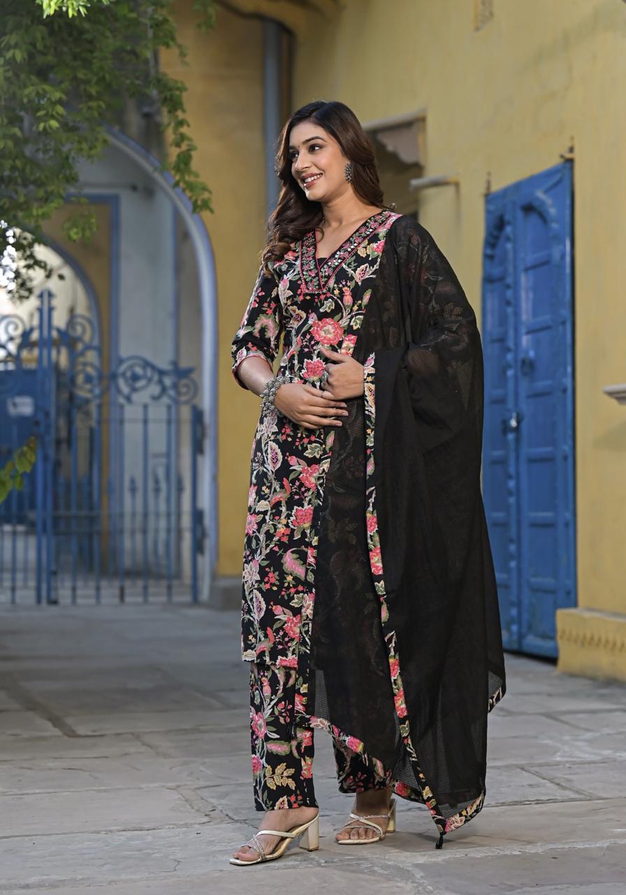 Floral Print Cotton V Neck Kurta with pant and dupatta