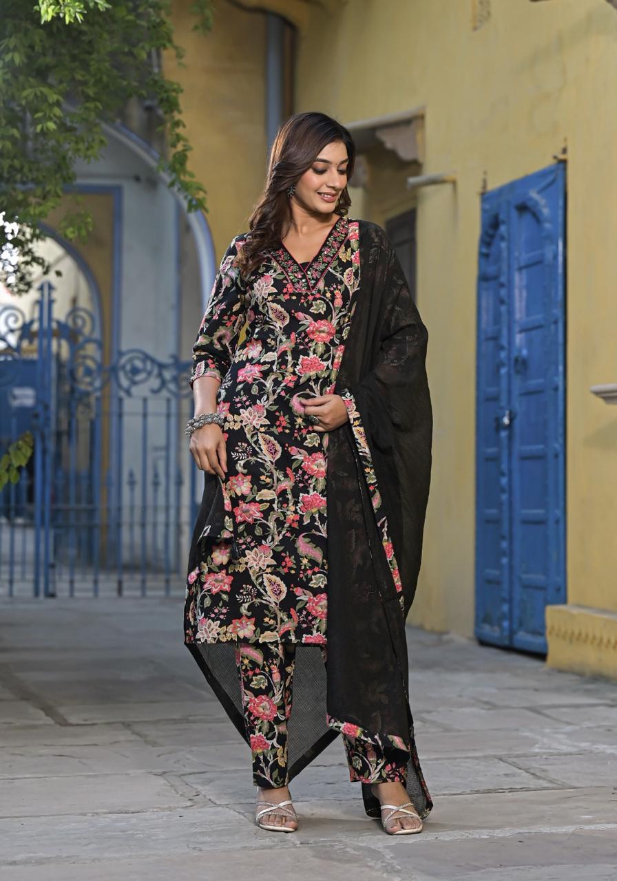 Floral Print Cotton V Neck Kurta with pant and dupatta