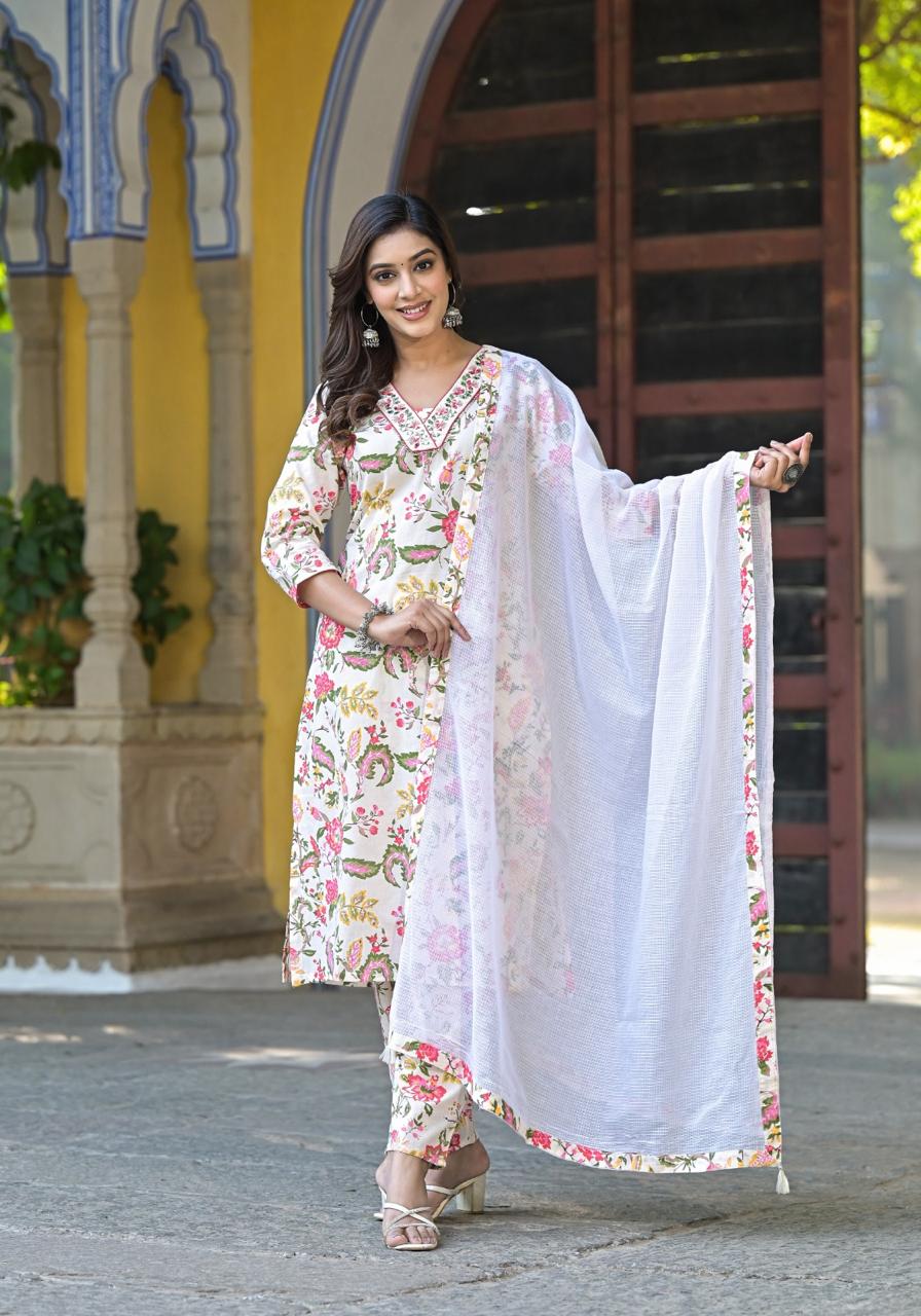 Floral Print Cotton V Neck Kurta with pant and dupatta