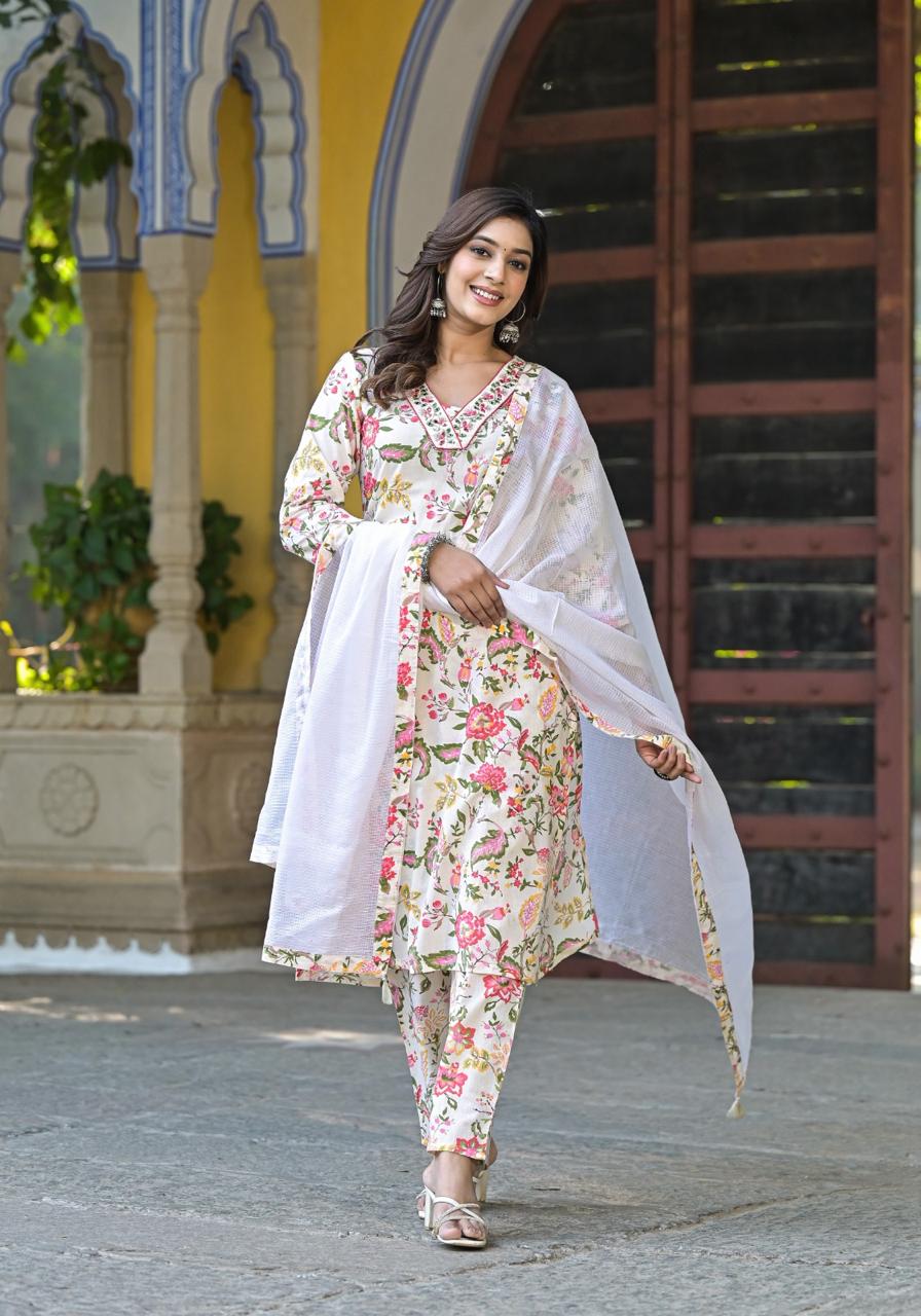 Floral Print Cotton V Neck Kurta with pant and dupatta