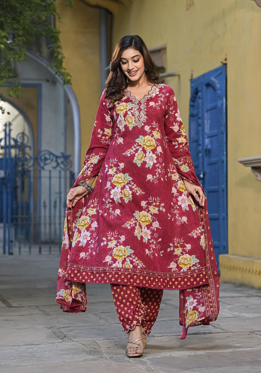 Beautiful Flower Print Maroon Cutwork Embroidered Neck Anarkali Kurta with pant and dupatta