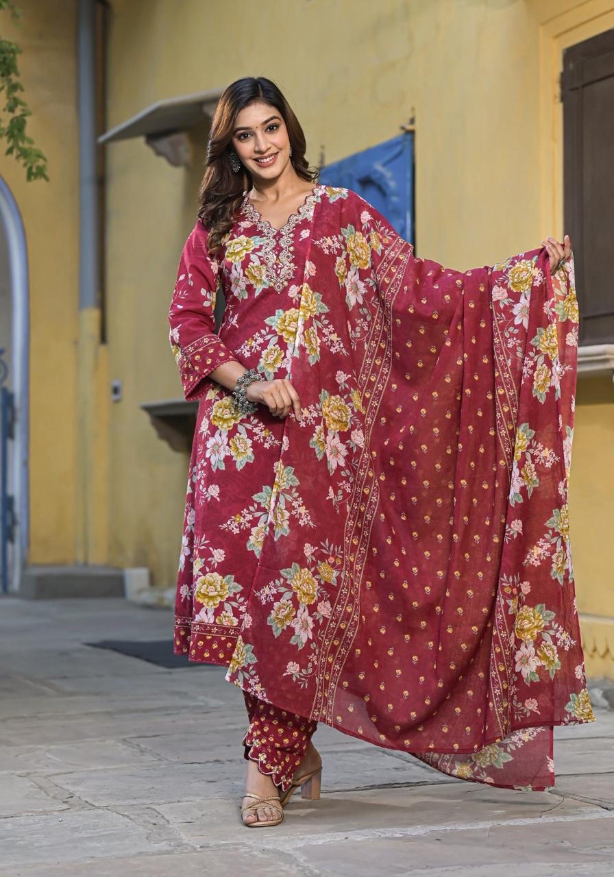 Beautiful Flower Print Maroon Cutwork Embroidered Neck Anarkali Kurta with pant and dupatta