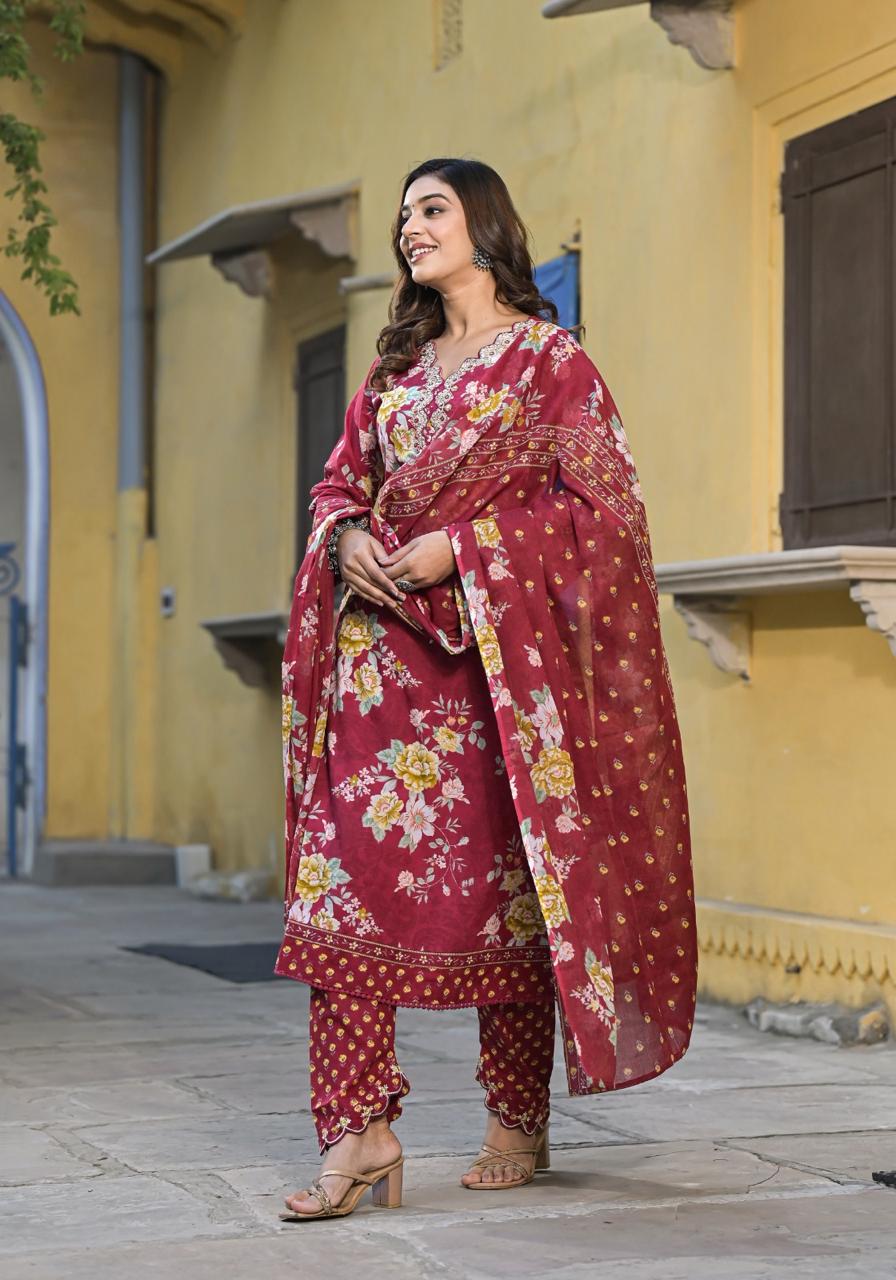 Beautiful Flower Print Maroon Cutwork Embroidered Neck Anarkali Kurta with pant and dupatta