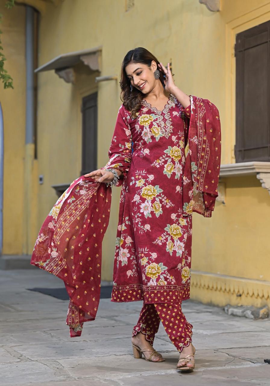 Beautiful Flower Print Maroon Cutwork Embroidered Neck Anarkali Kurta with pant and dupatta