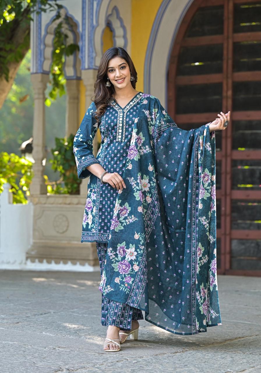 Cotton V-neck Flower Printed Kurta Pant And Dupatta-07929-30