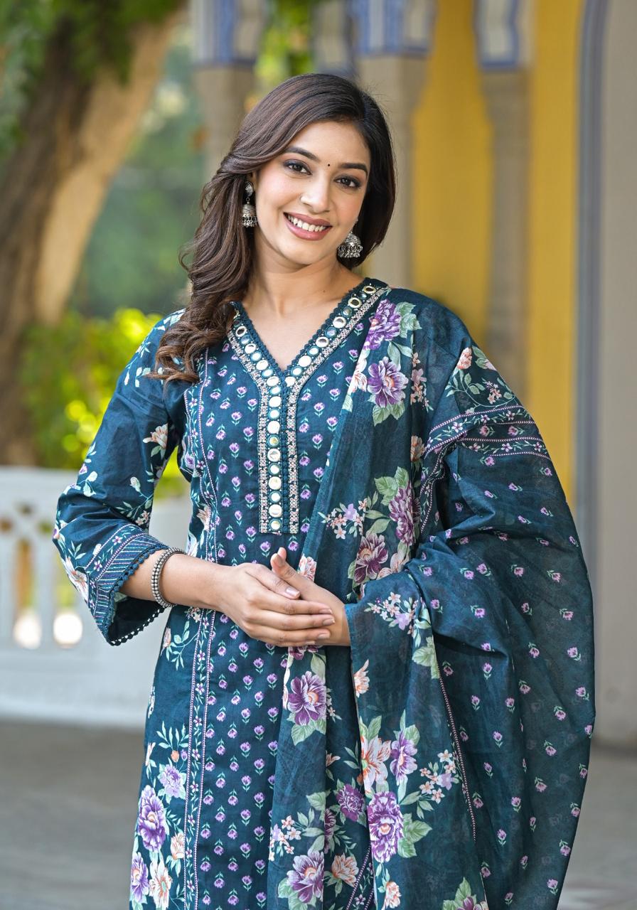 Cotton V-neck Flower Printed Kurta Pant And Dupatta-07929-30