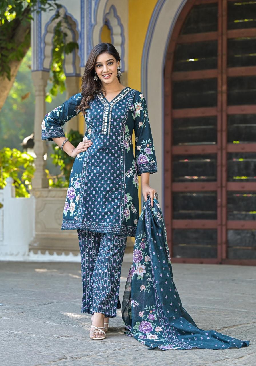 Cotton V-neck Flower Printed Kurta Pant And Dupatta-07929-30