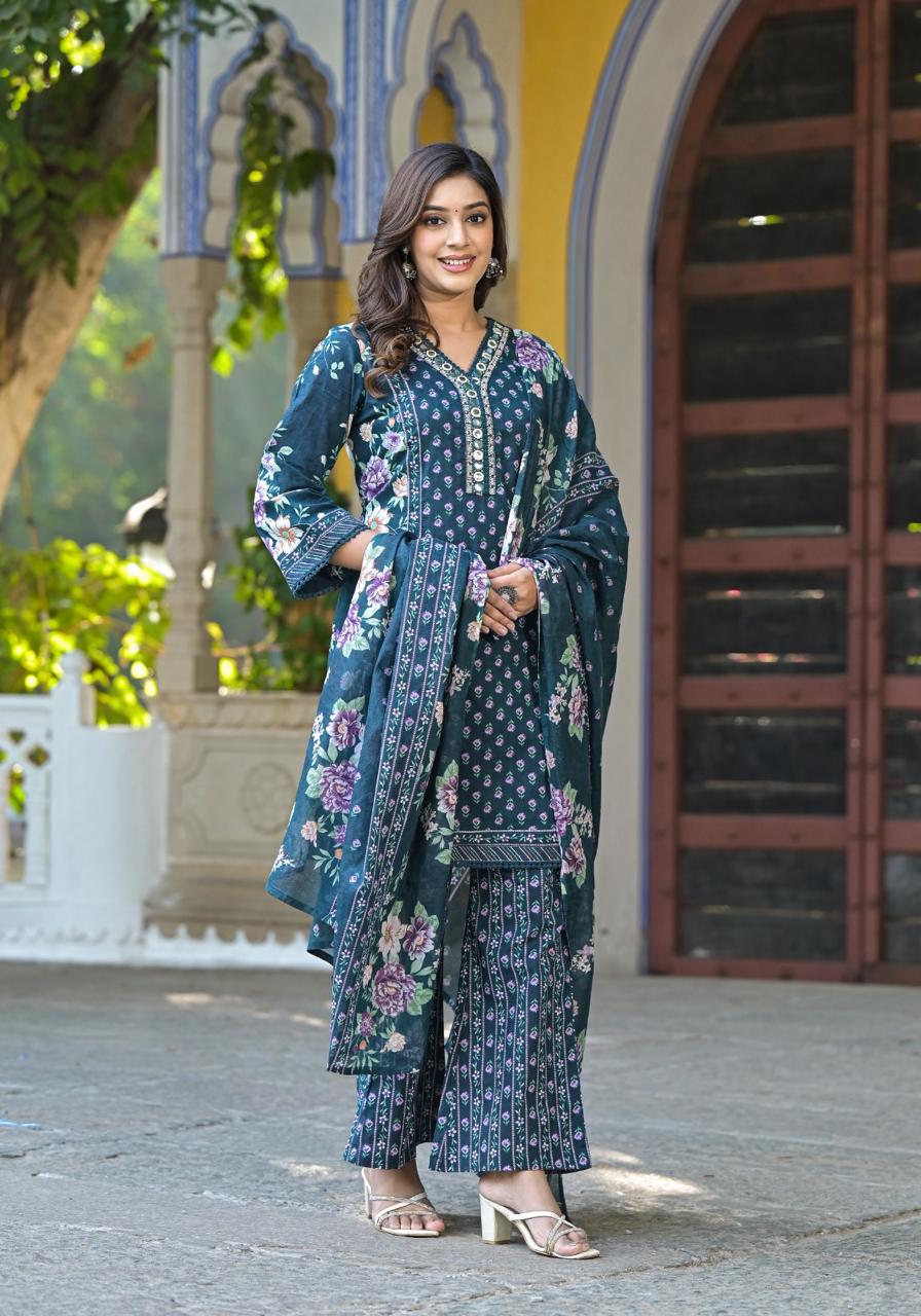 Cotton V-neck Flower Printed Kurta Pant And Dupatta-07929-30