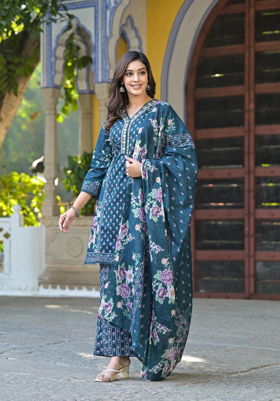 Cotton V-neck Flower Printed Kurta Pant And Dupatta-07929-30