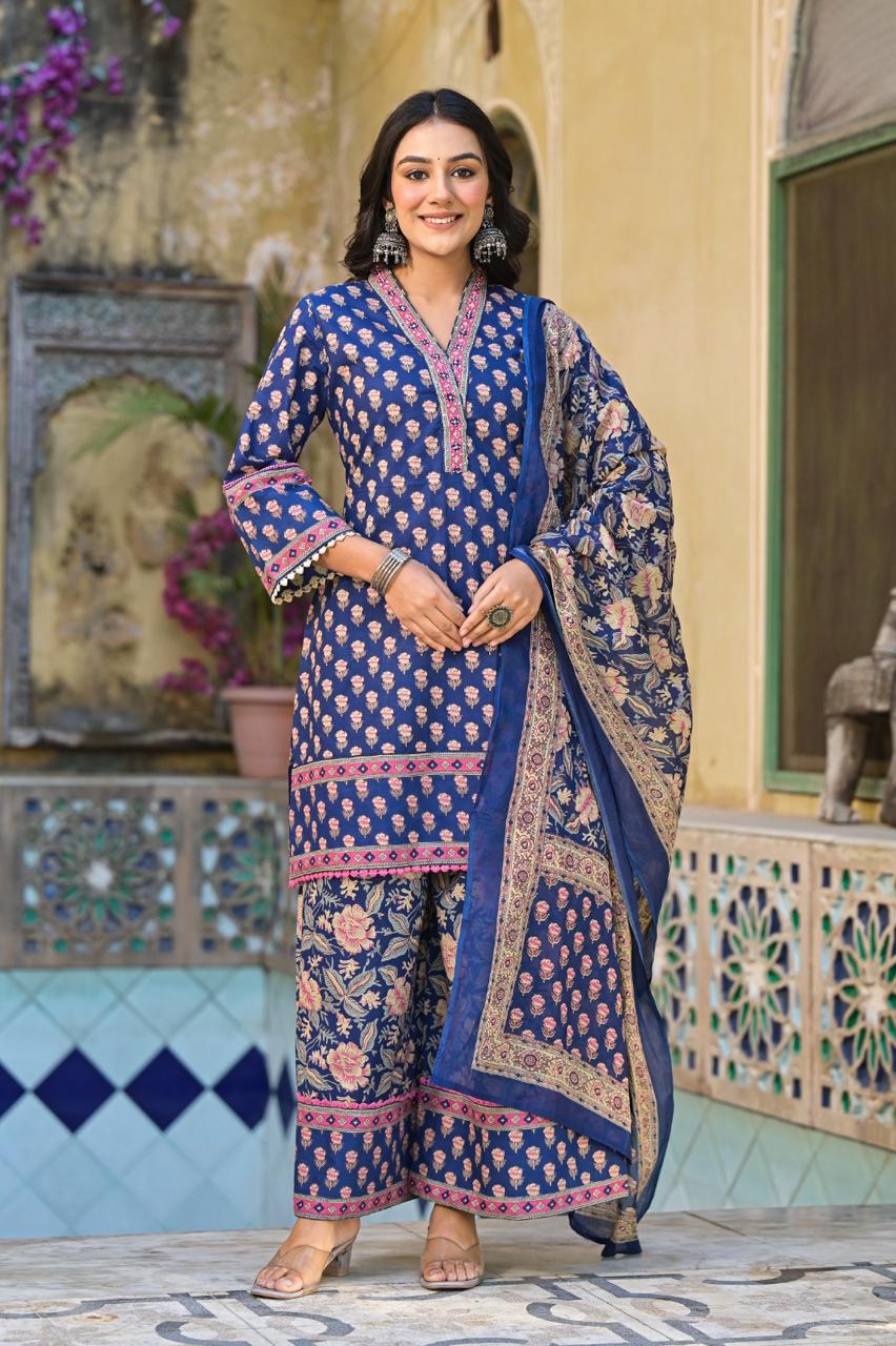 Beautiful Blue Cotton Printed V Neck Kurta Pant And Dupatta