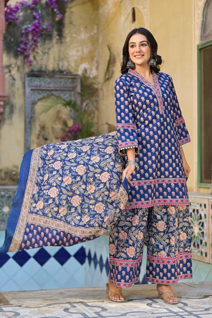 Beautiful Blue Cotton Printed V Neck Kurta Pant And Dupatta