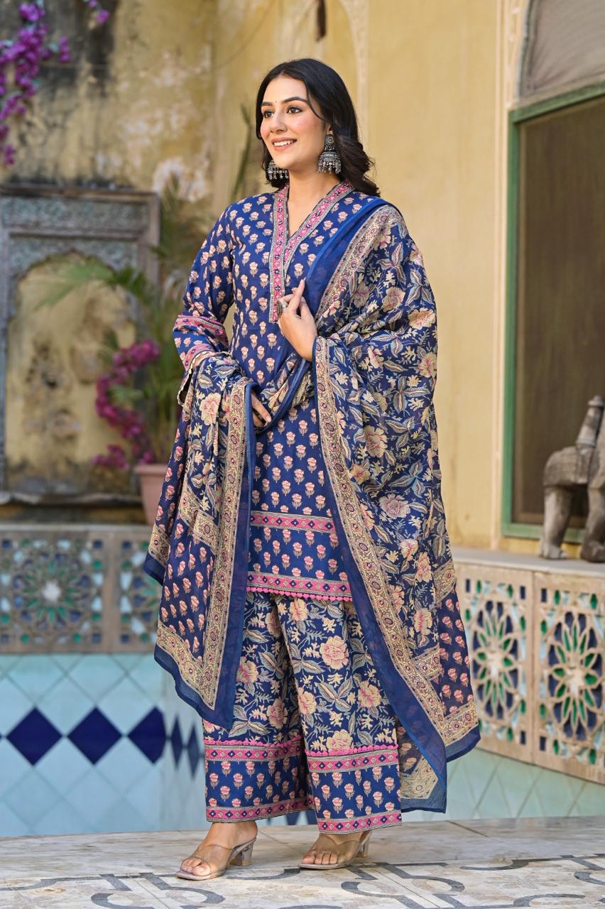 Beautiful Blue Cotton Printed V Neck Kurta Pant And Dupatta