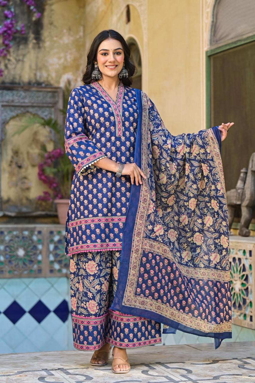 Beautiful Blue Cotton Printed V Neck Kurta Pant And Dupatta