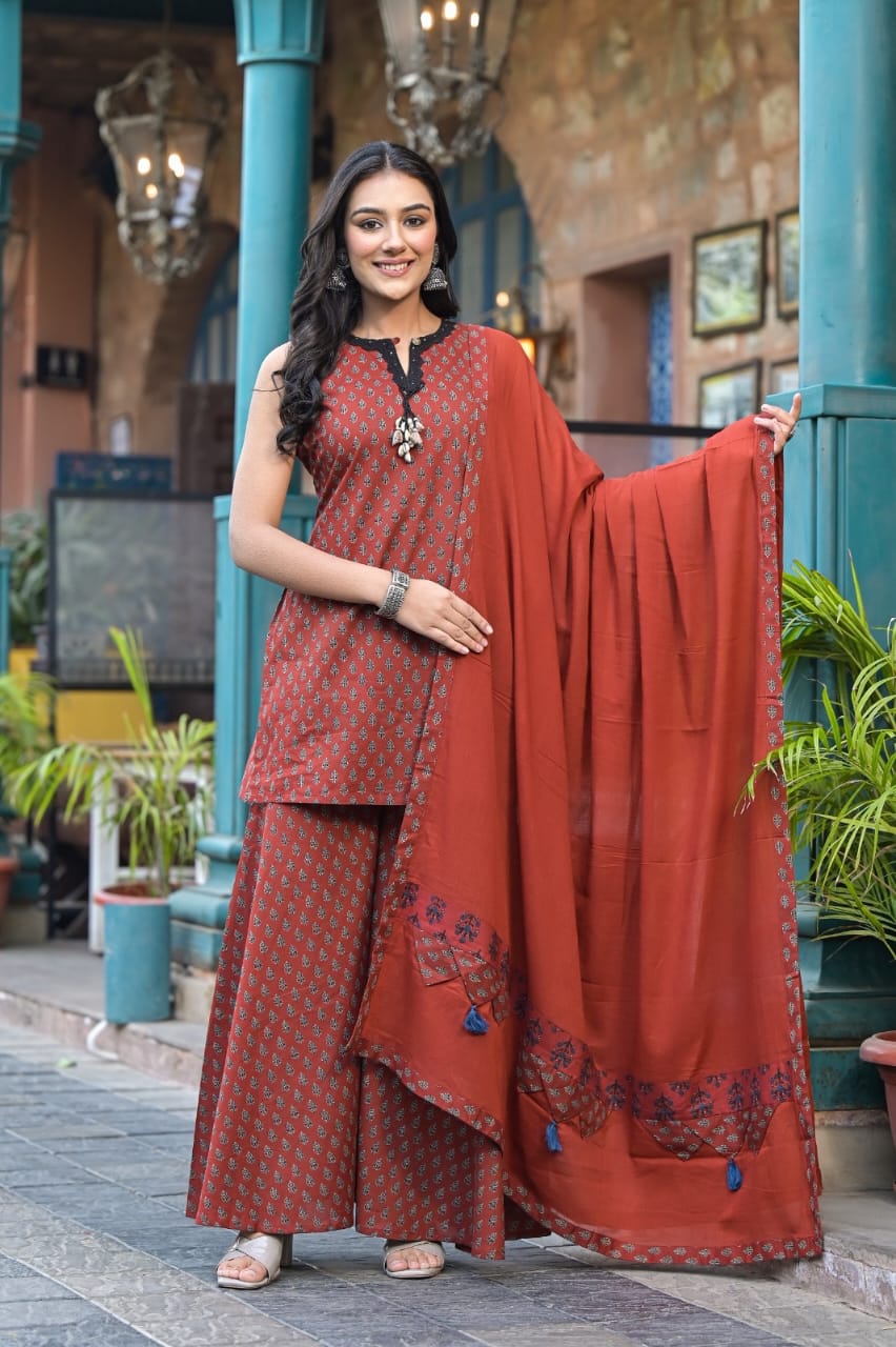 Sleeveless Cotton Printed Short Kurta with Loose Palzzo and pure cotton Dupatta(Sleeves Inside Given)