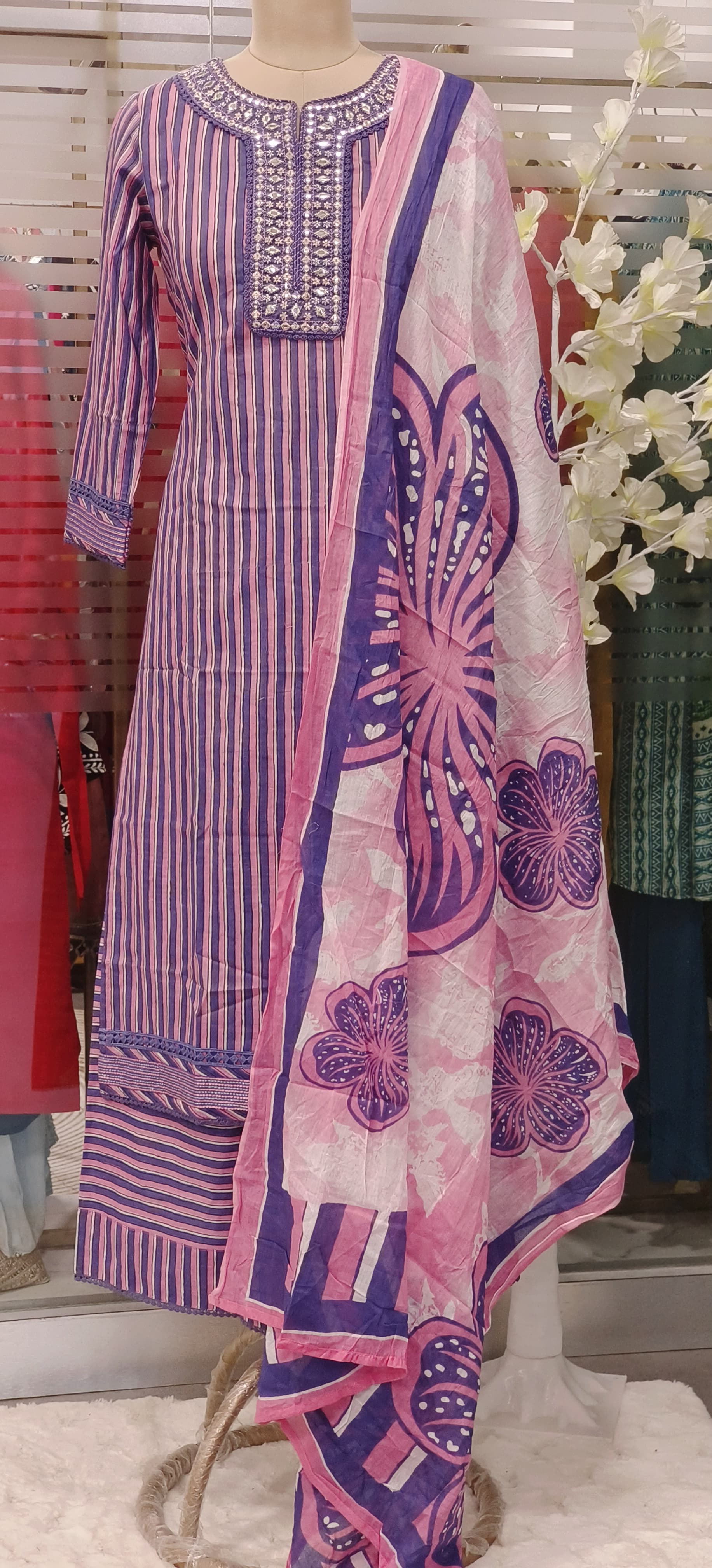 Stripes Pure Cotton Printed Full Suit Set with Loose Palalzo And flower print Dupatta