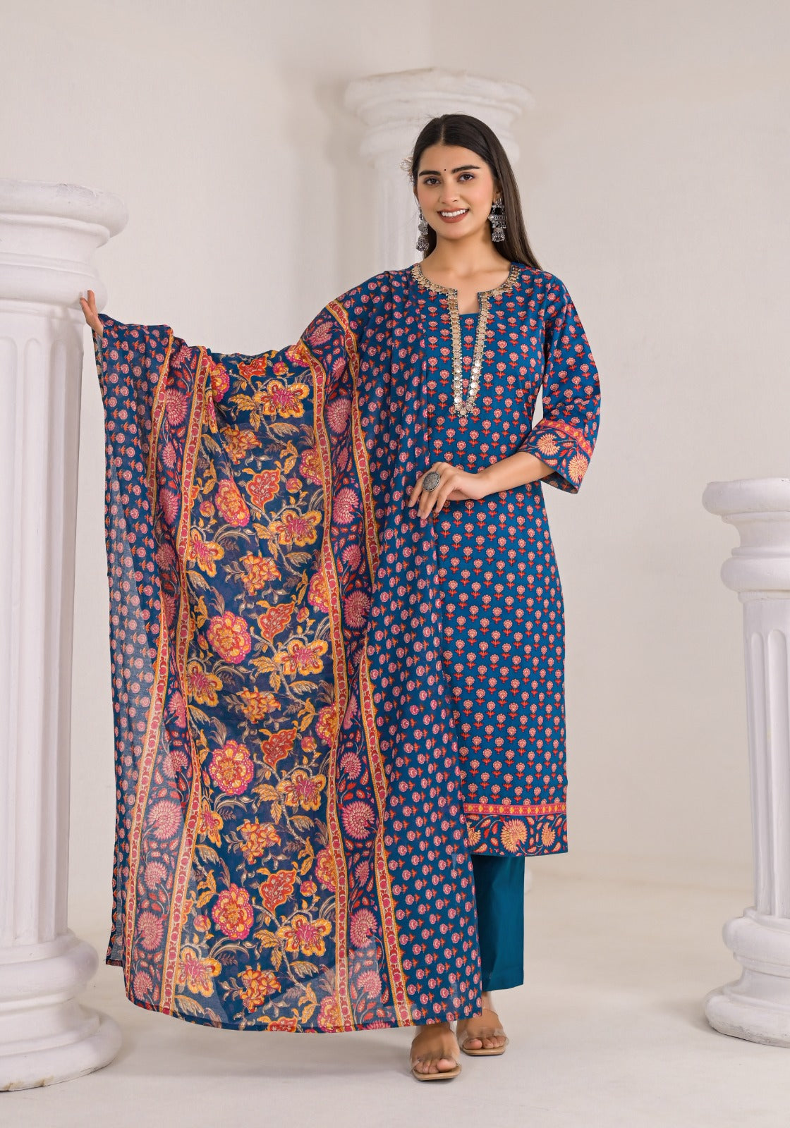 Elegant Pure Cotton Full Suit Set with Intricate Neck Detailing –Available in 3 Stunning Colors