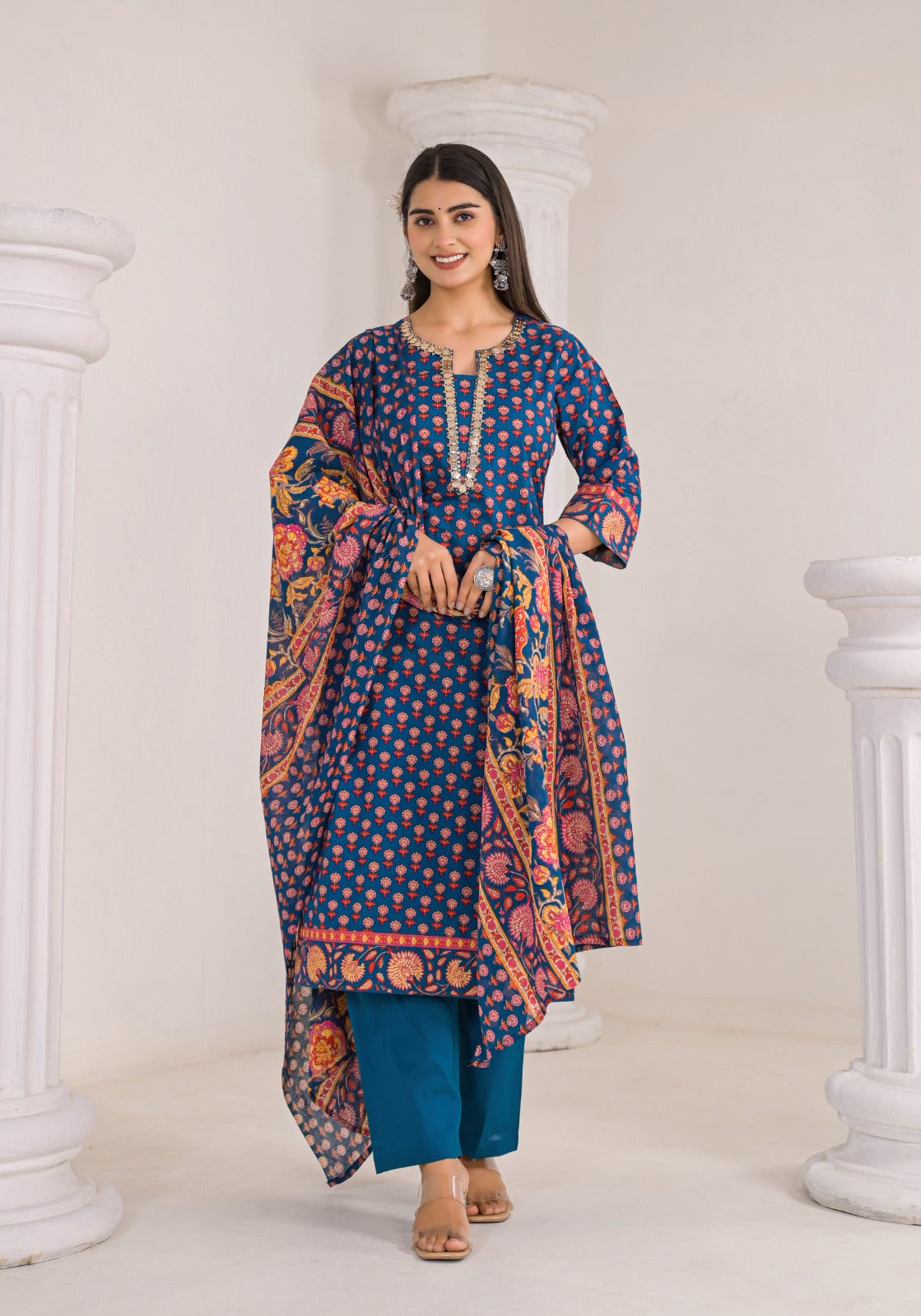 Elegant Pure Cotton Full Suit Set with Intricate Neck Detailing –Available in 3 Stunning Colors