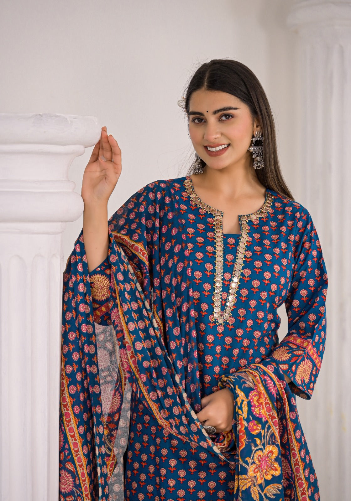 Elegant Pure Cotton Full Suit Set with Intricate Neck Detailing –Available in 3 Stunning Colors