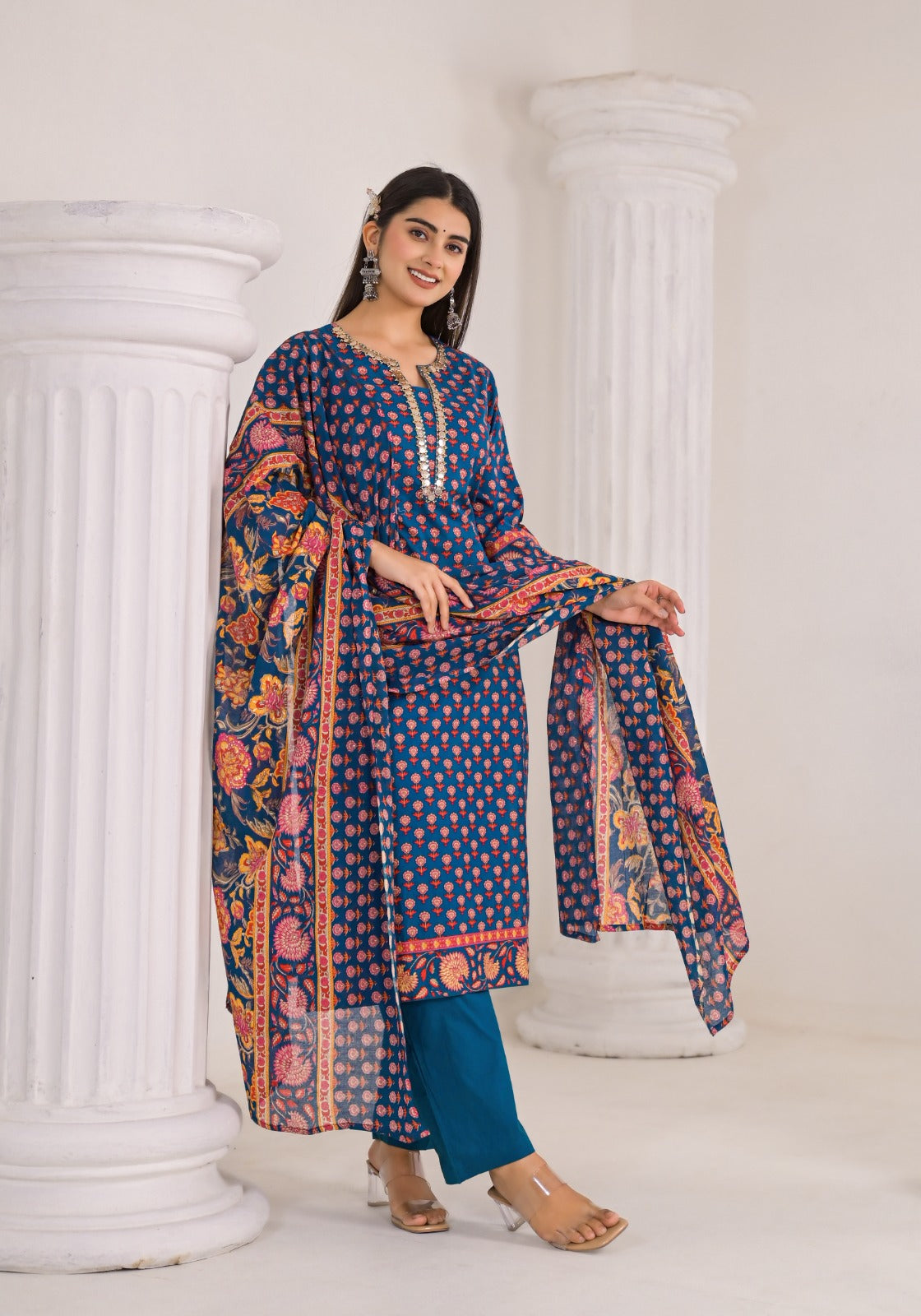 Elegant Pure Cotton Full Suit Set with Intricate Neck Detailing –Available in 3 Stunning Colors