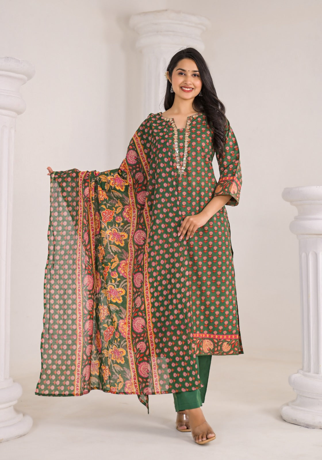 Elegant Pure Cotton Full Suit Set with Intricate Neck Detailing –Available in 3 Stunning Colors