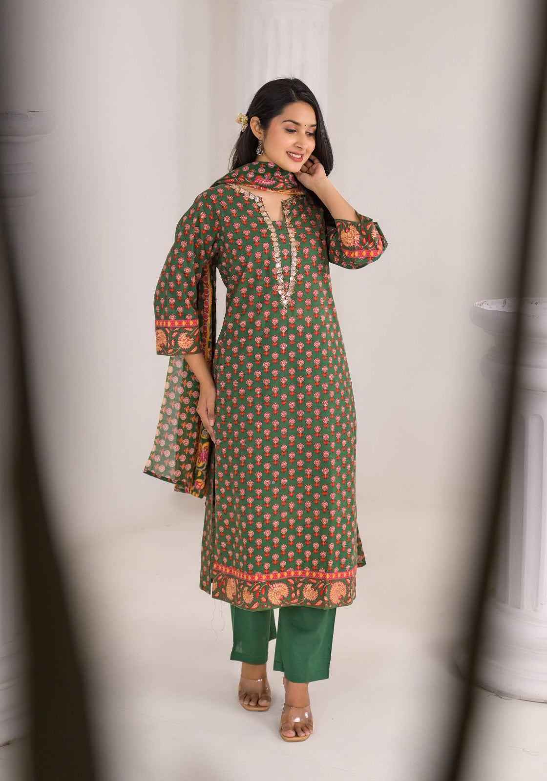 Elegant Pure Cotton Full Suit Set with Intricate Neck Detailing –Available in 3 Stunning Colors