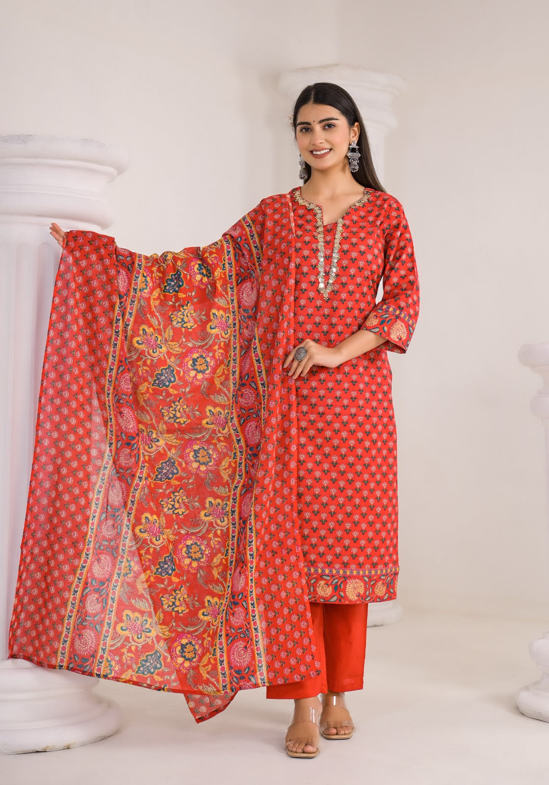 Elegant Pure Cotton Full Suit Set with Intricate Neck Detailing –Available in 3 Stunning Colors