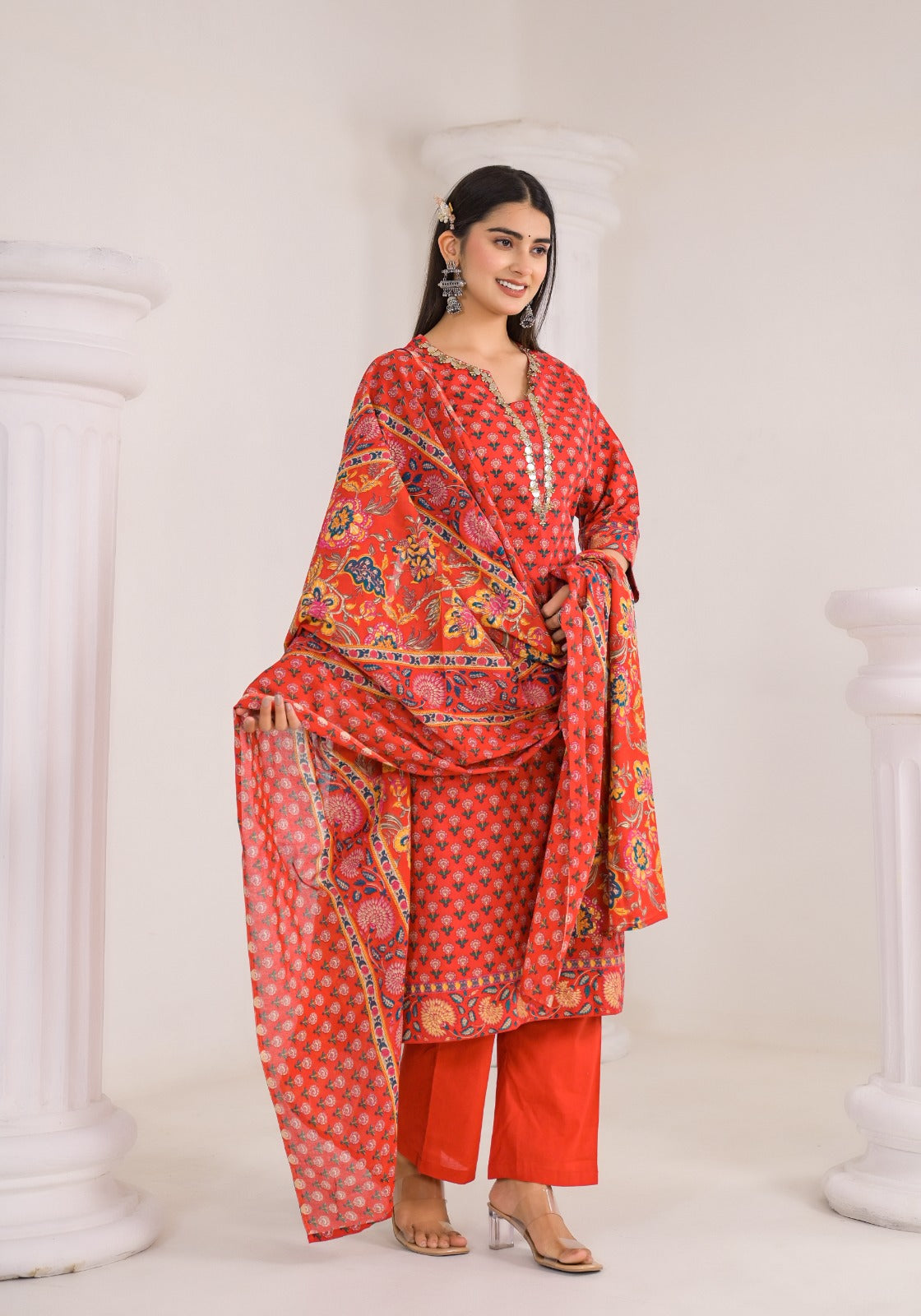 Elegant Pure Cotton Full Suit Set with Intricate Neck Detailing –Available in 3 Stunning Colors