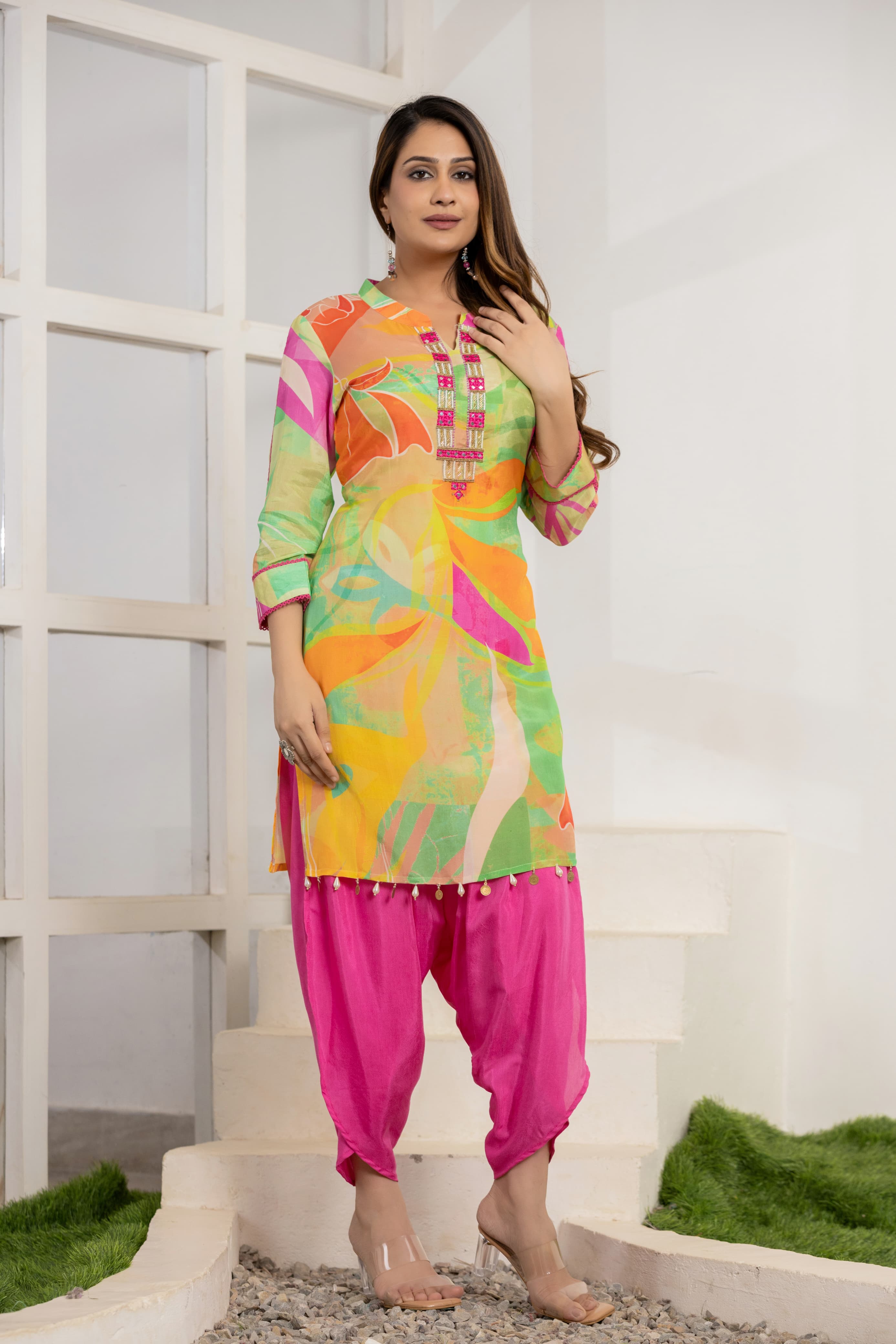 Chic Multi-Color Embroidered Muslin Stylish Co-ord Set with Tulip Pants – A Vibrant Fusion of Elegance and Comfort-08652