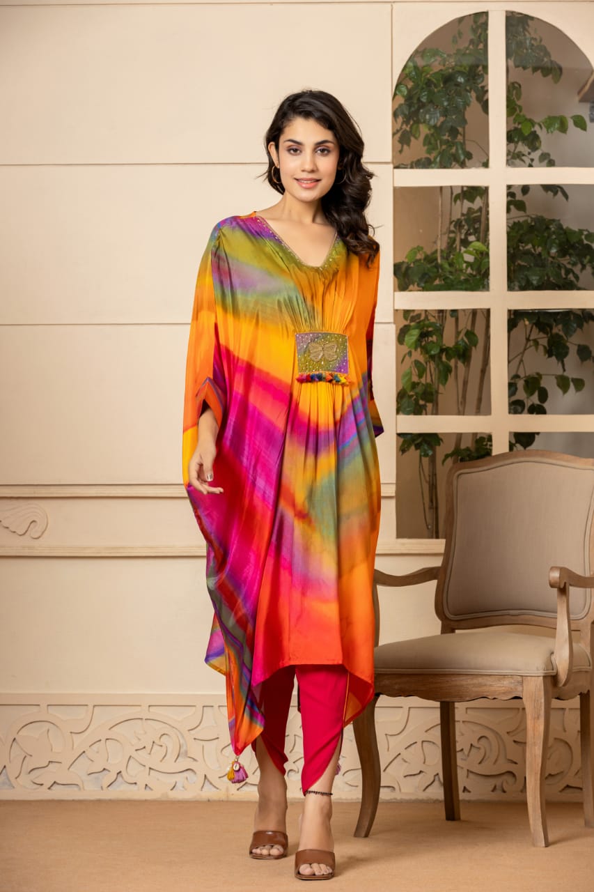 Elegant Multi-Shade Muslin Kaftan with Matching Tulip Bottom – A Perfect Blend of Comfort and Style-08652