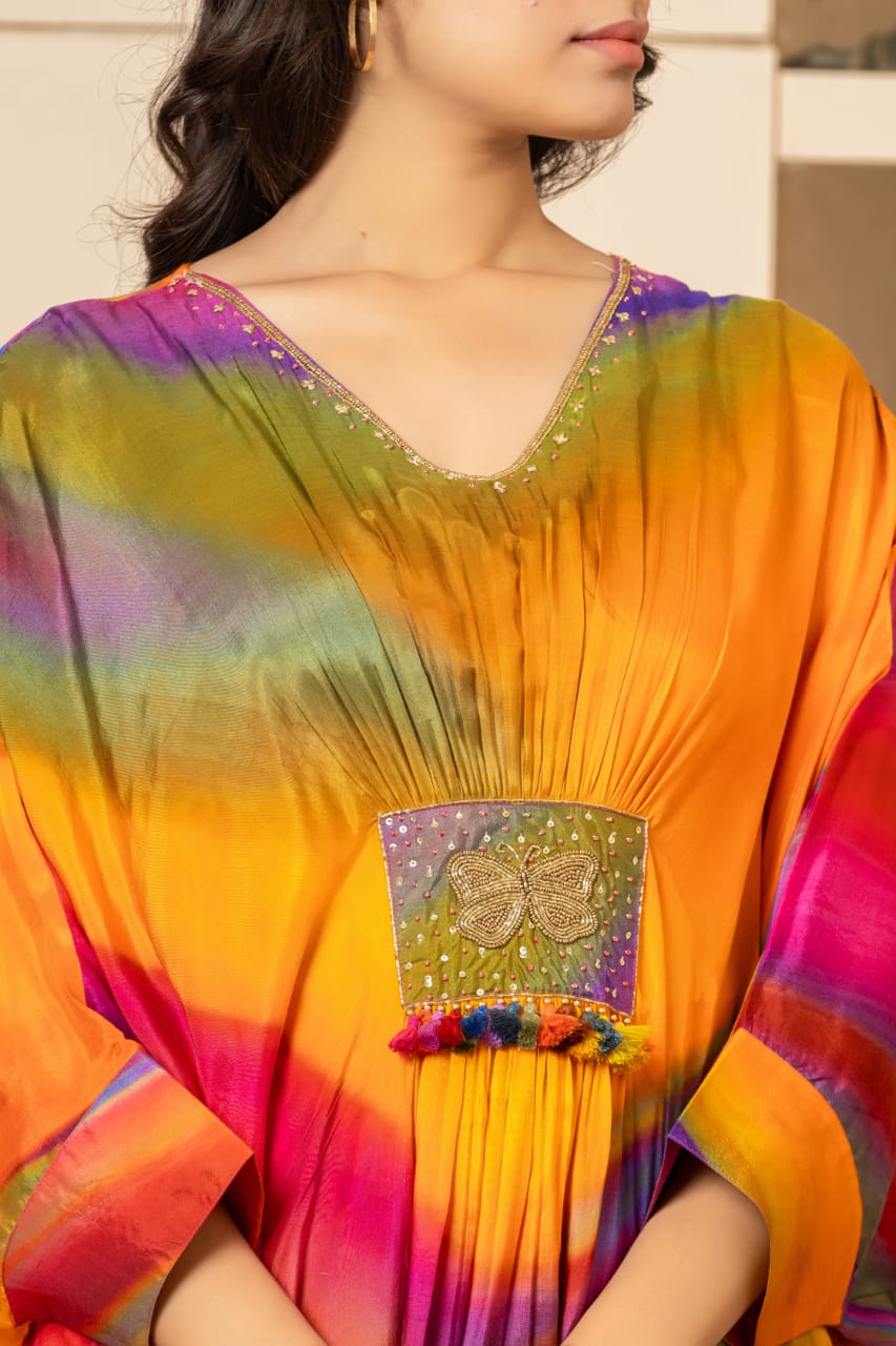 Elegant Multi-Shade Muslin Kaftan with Matching Tulip Bottom – A Perfect Blend of Comfort and Style-08652