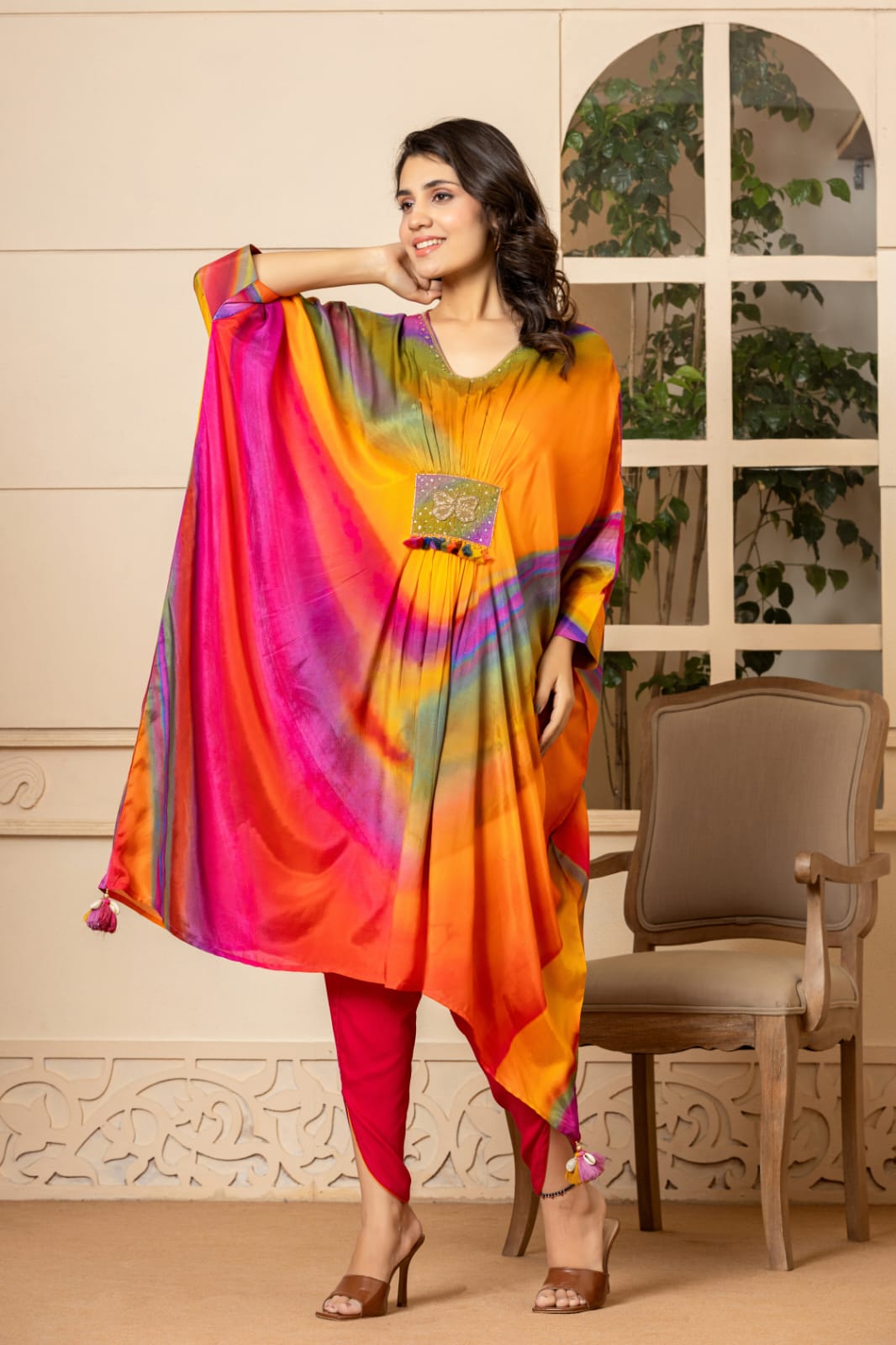 Elegant Multi-Shade Muslin Kaftan with Matching Tulip Bottom – A Perfect Blend of Comfort and Style-08652