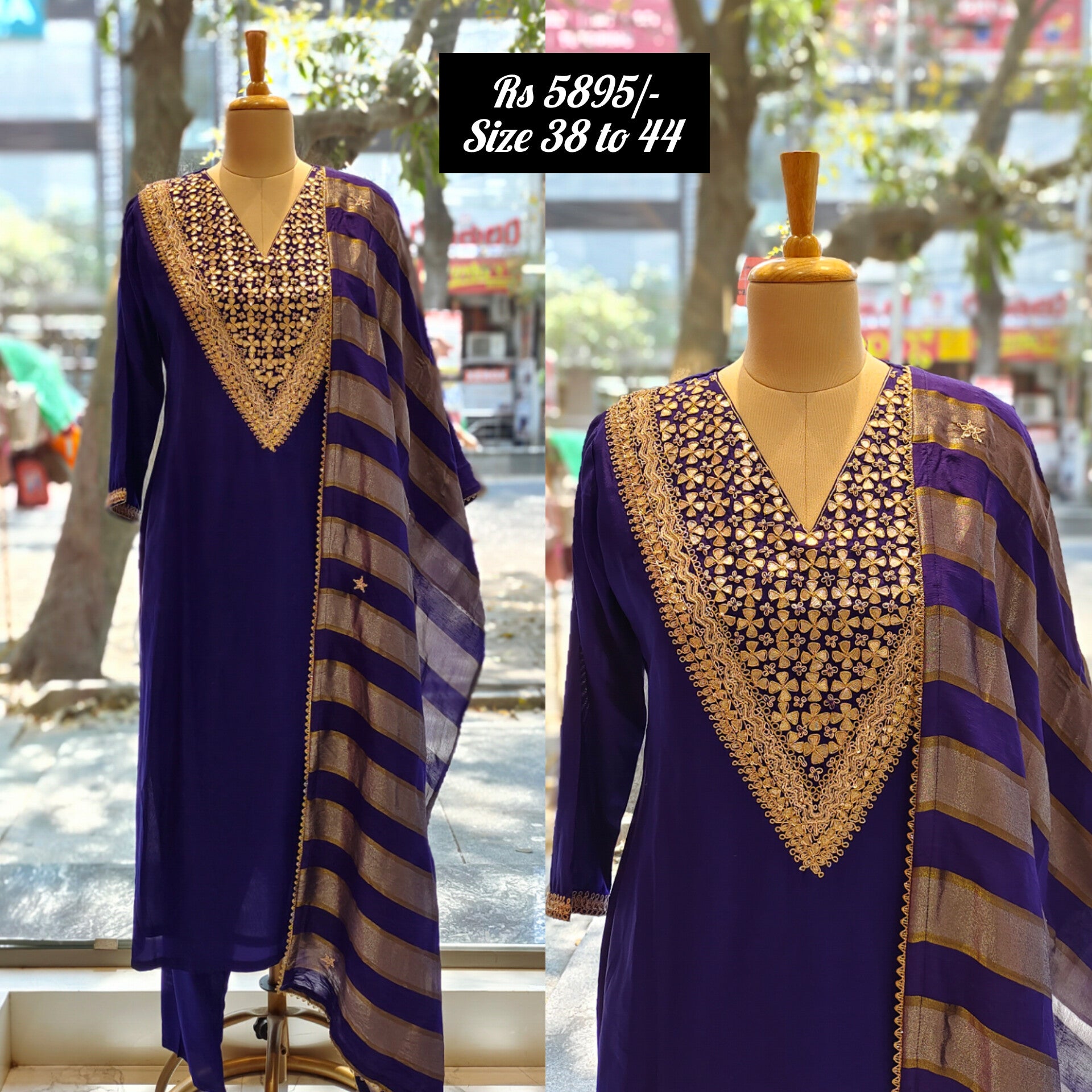 Graceful Purple Silk Suit Set with Embroidered Neck – Timeless Elegance