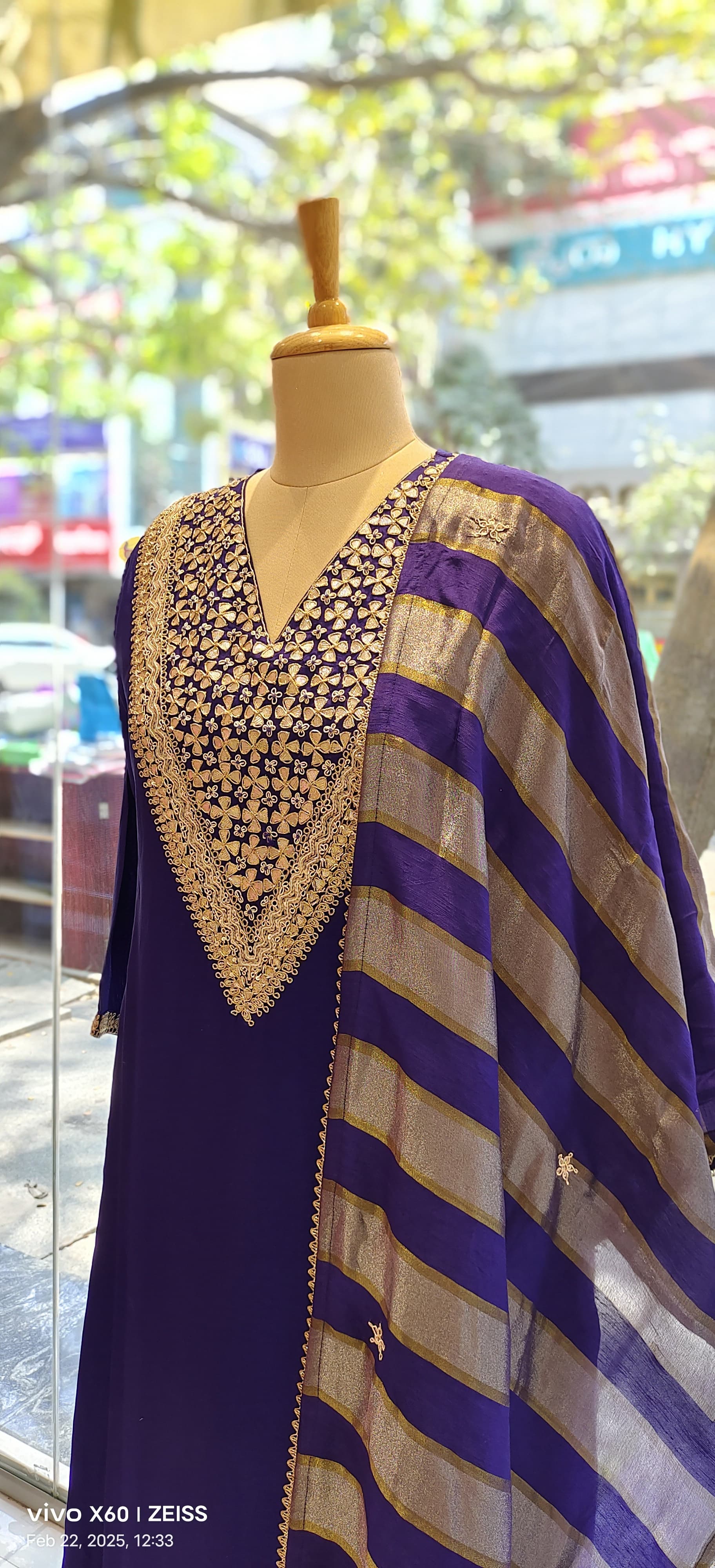 Graceful Purple Silk Suit Set with Embroidered Neck – Timeless Elegance