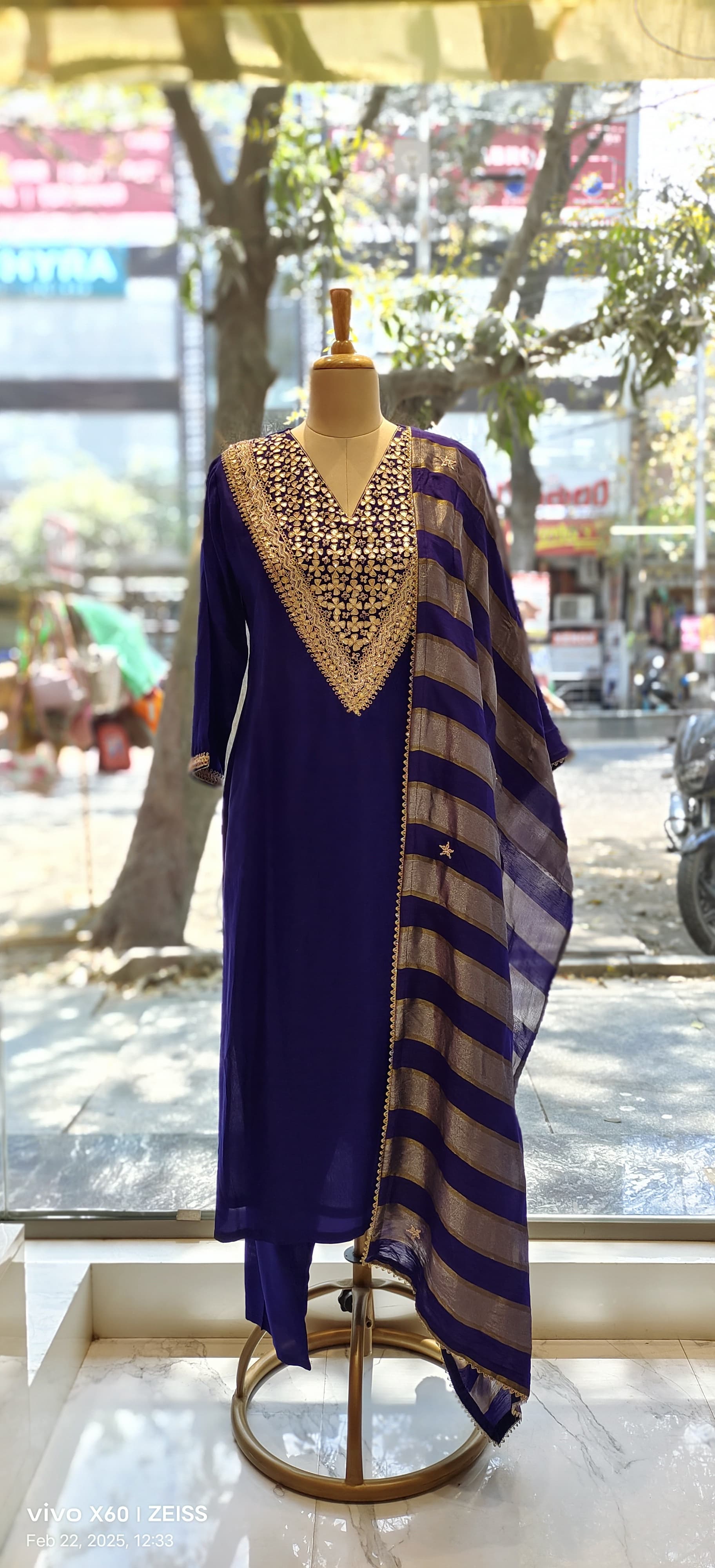 Graceful Purple Silk Suit Set with Embroidered Neck – Timeless Elegance