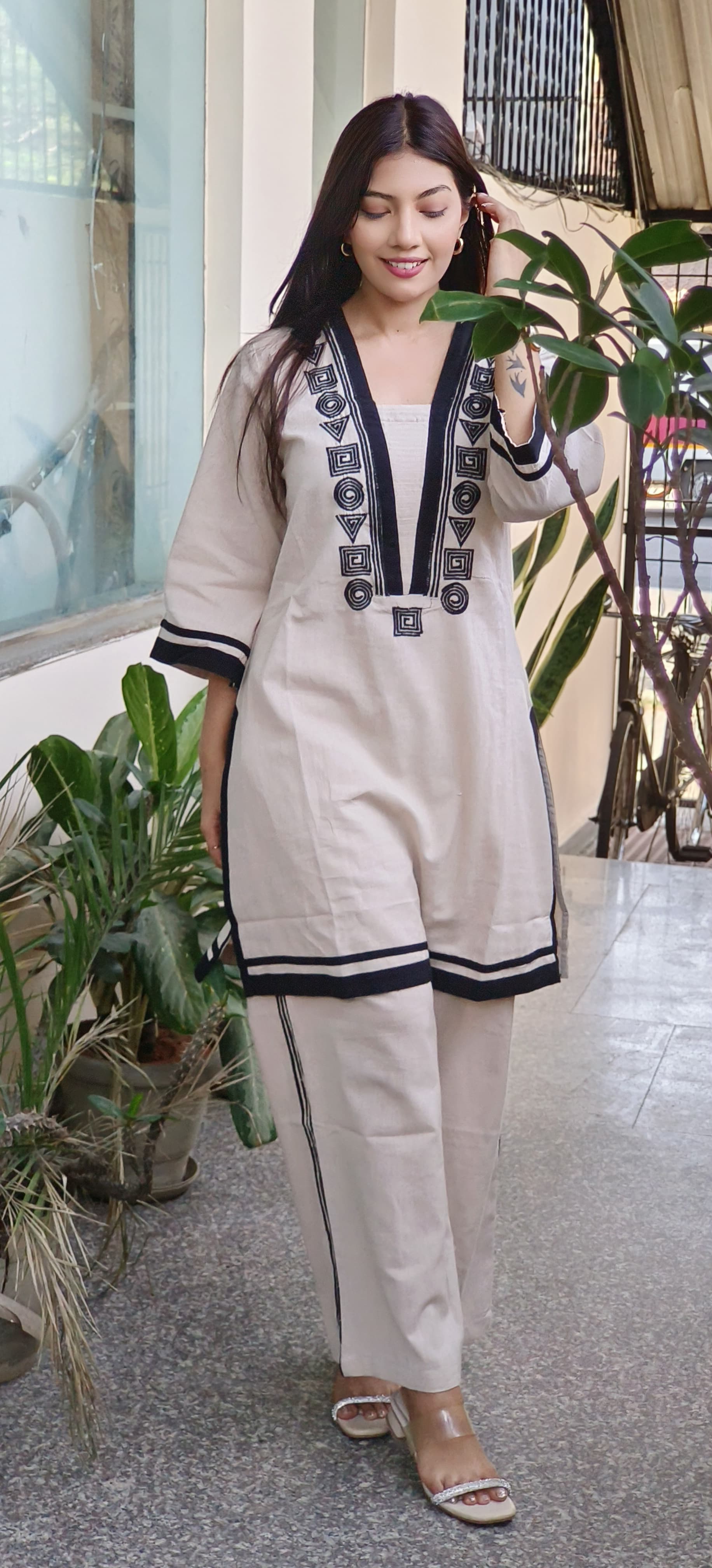 Elegant Beige Flex Cotton Kurta Set with Black Embroidery