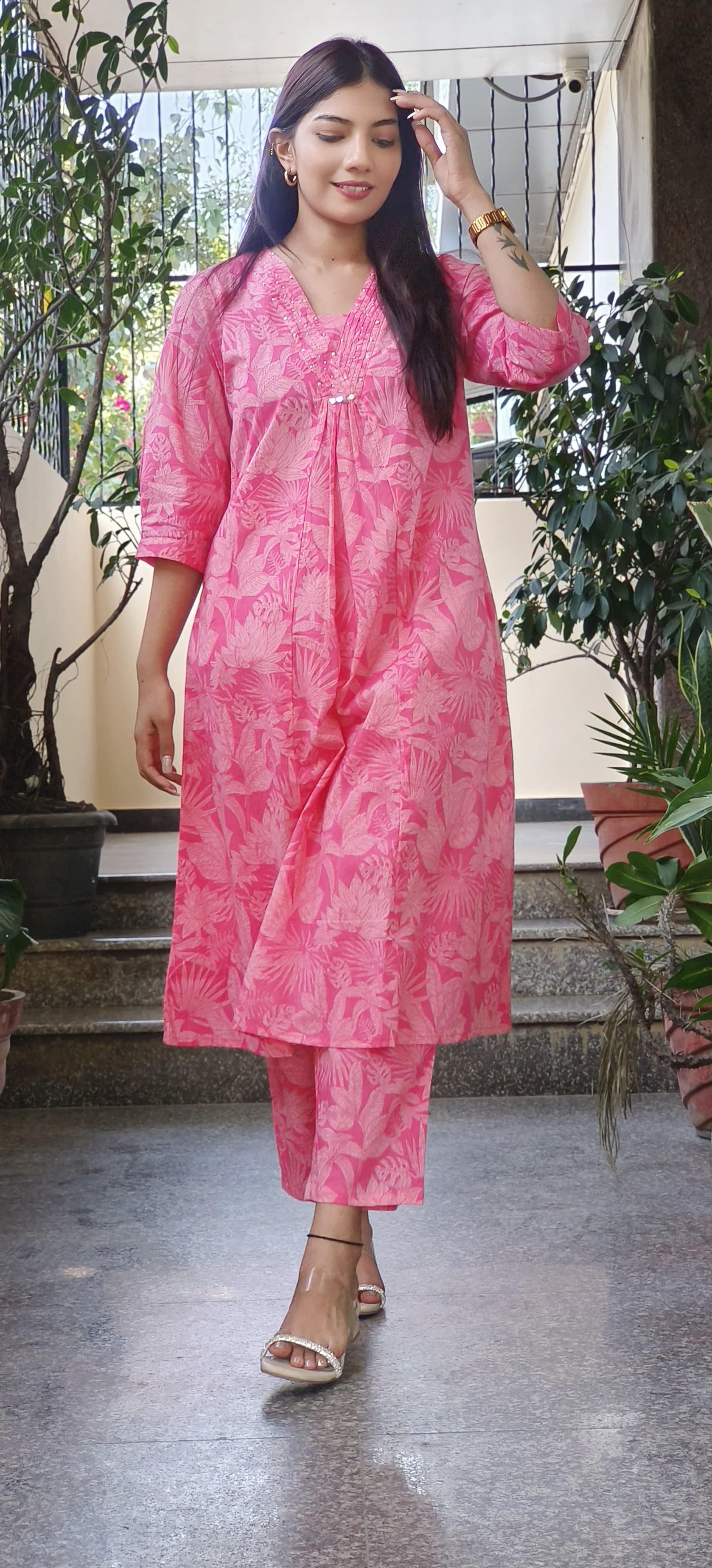 V-Neck Breathable Printed Cotton Kurta and Pant Set for Warm Weather-08508