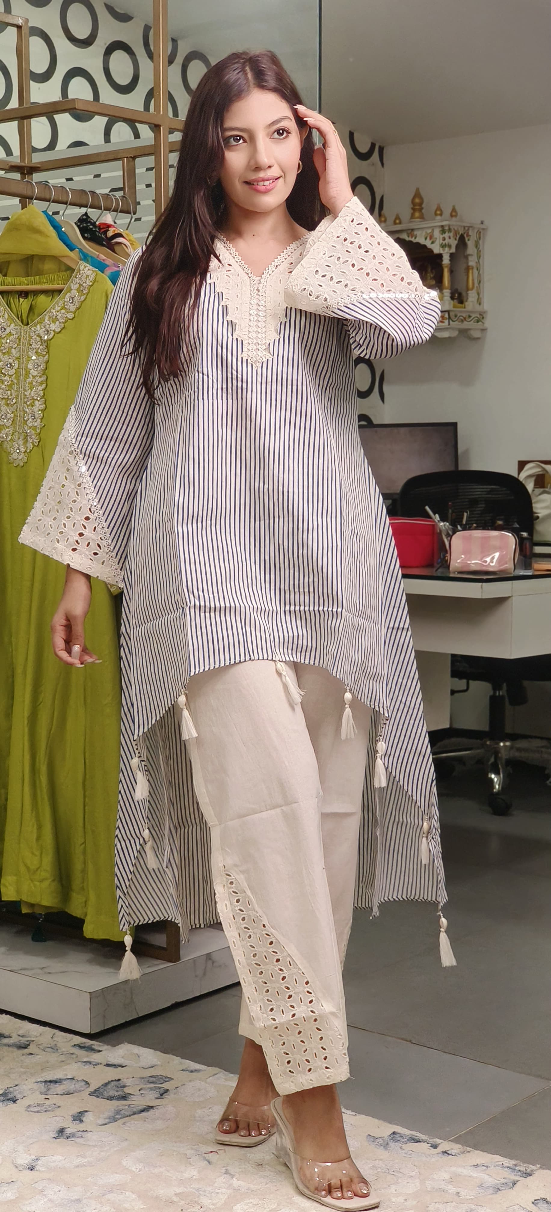 Elegant Striped Cotton High-Low Kurti with Pant Lace Detailing and Tassels-08861