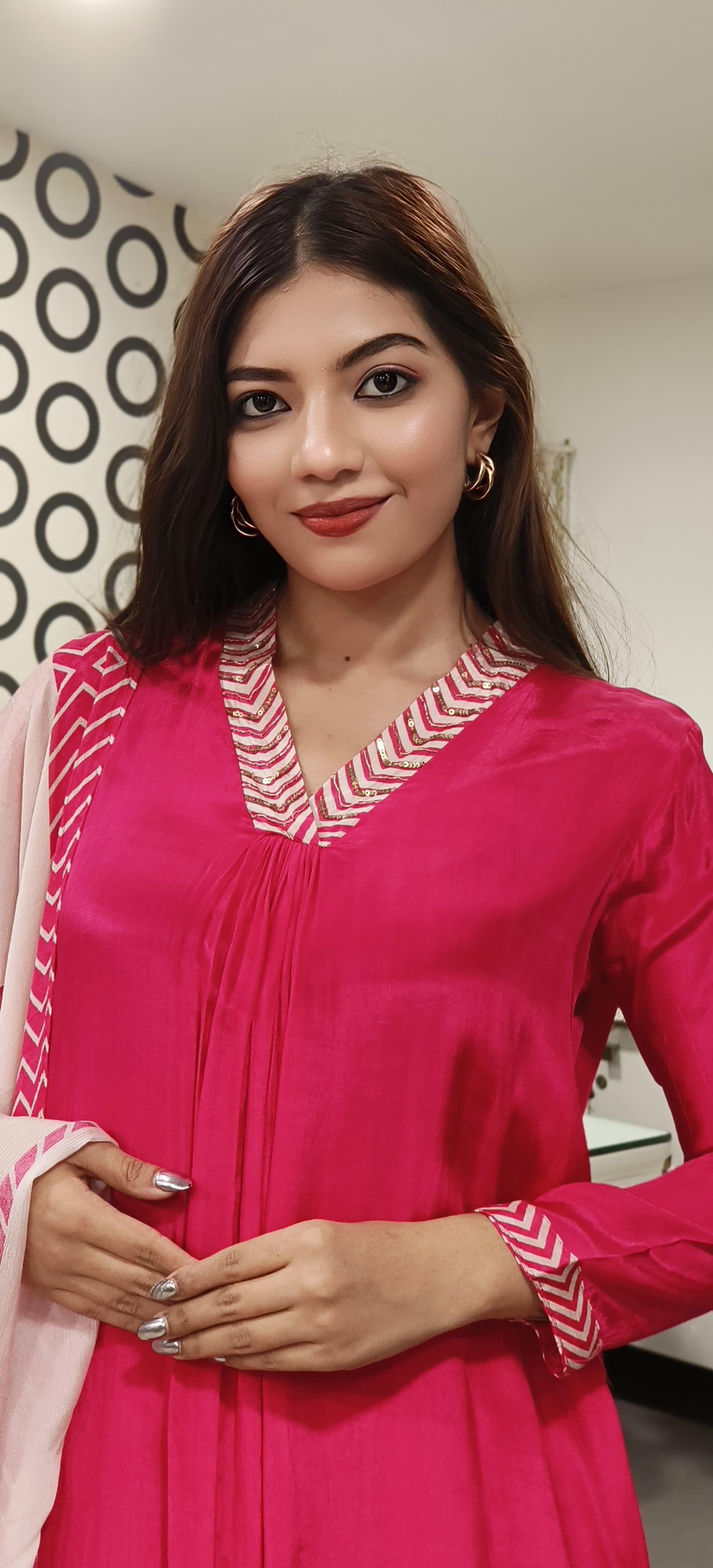 Pink Pure Crepe Silk Full Suit Set With Floral Print Chinon Dupatta-06662